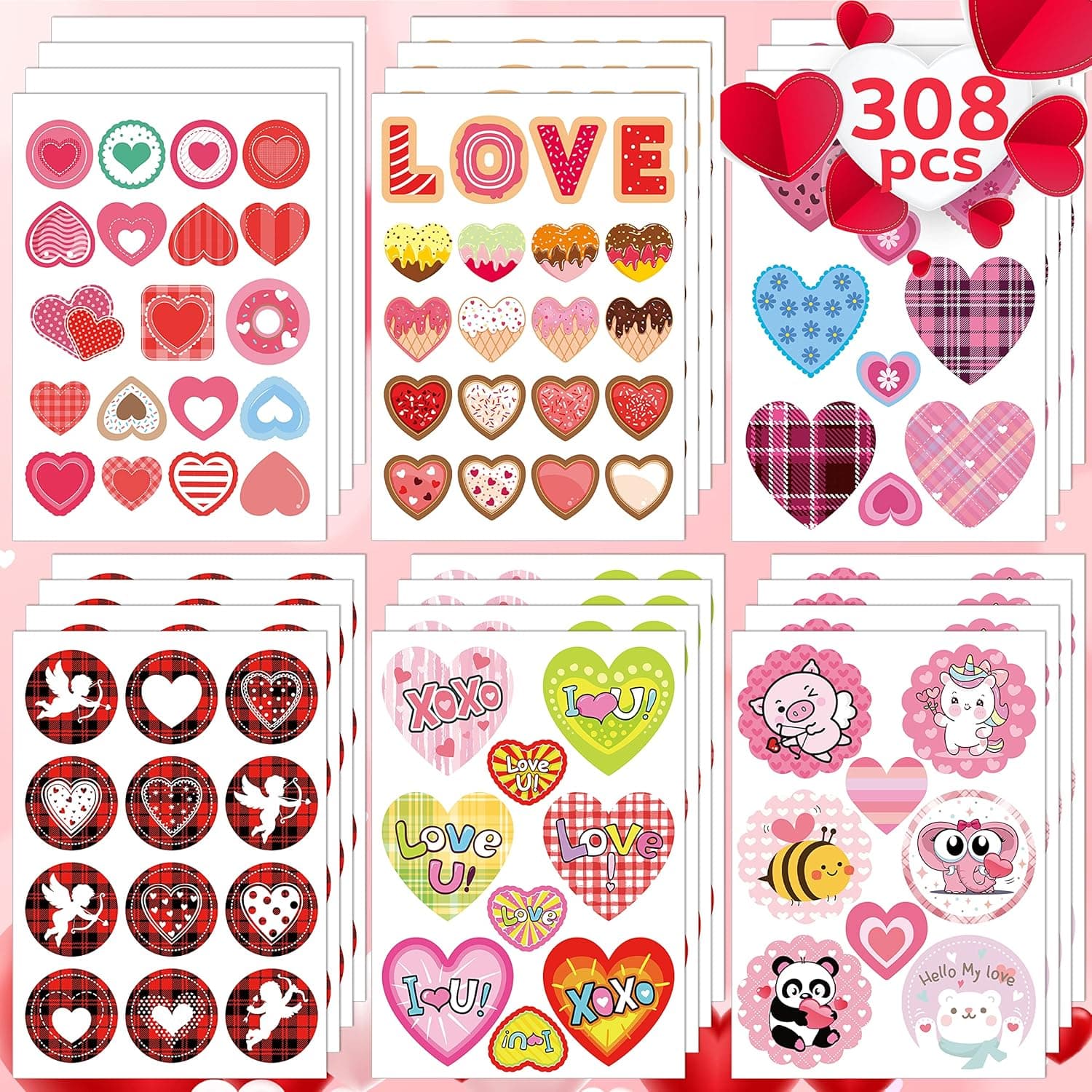 Joy Bang Valentine Stickers Valentine Heart Stickers for Kids Valentines Day Heart Labels Sticker Sheets Valentines Love Decorative Stickers for Gift Decorations Favors