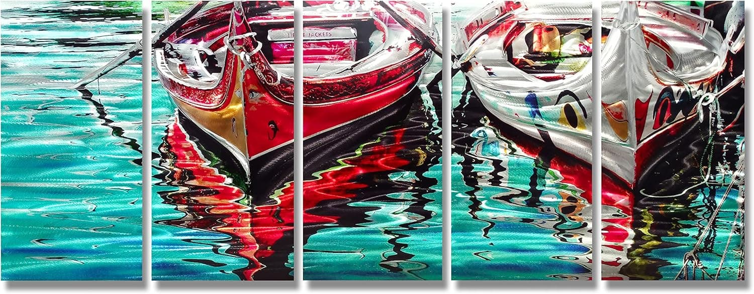 BATRENDY ARTS Boat Metal Wall Art Coastal Beach Aluminium Painting with 3D Look Turquoise and Red Hanging Scuplture Set of 5 Home Accent Artwork for Livingroom Ready to Hang