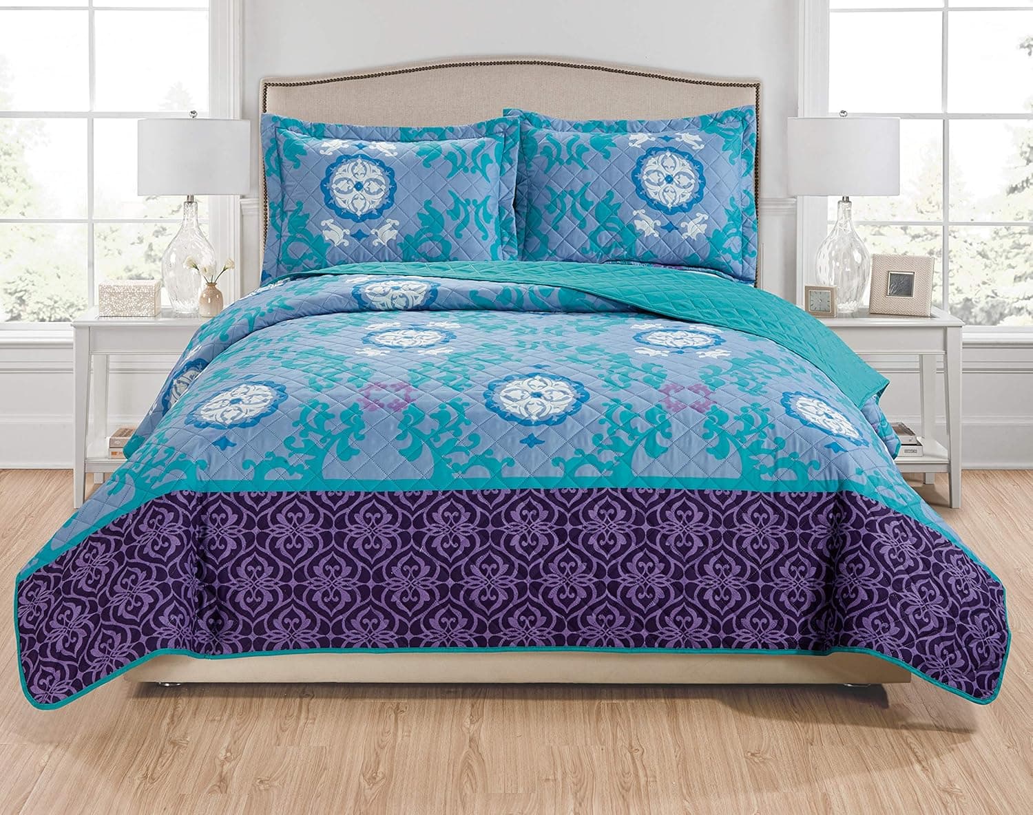 RT Designers Collection Anika 3-Piece Reversible Quilt Set-King, Perwinkle/Turquoise/Blue/Purple