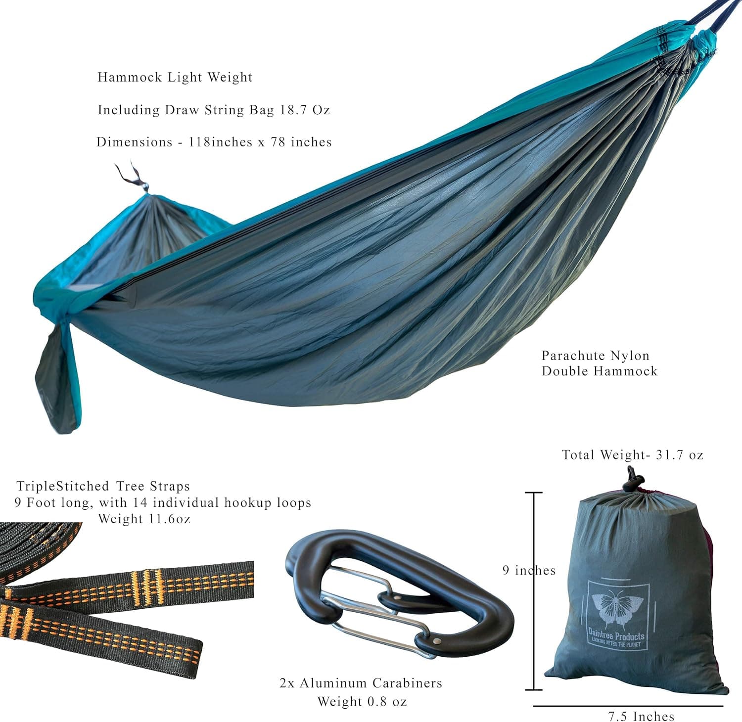 Daintree Products Hammock 2 Person, Double, with Tree Straps, Heavy Duty Parachute Nylon, Light Weight, Hiking, Camping, Travel, Double Camping Bed, Blue/Grey