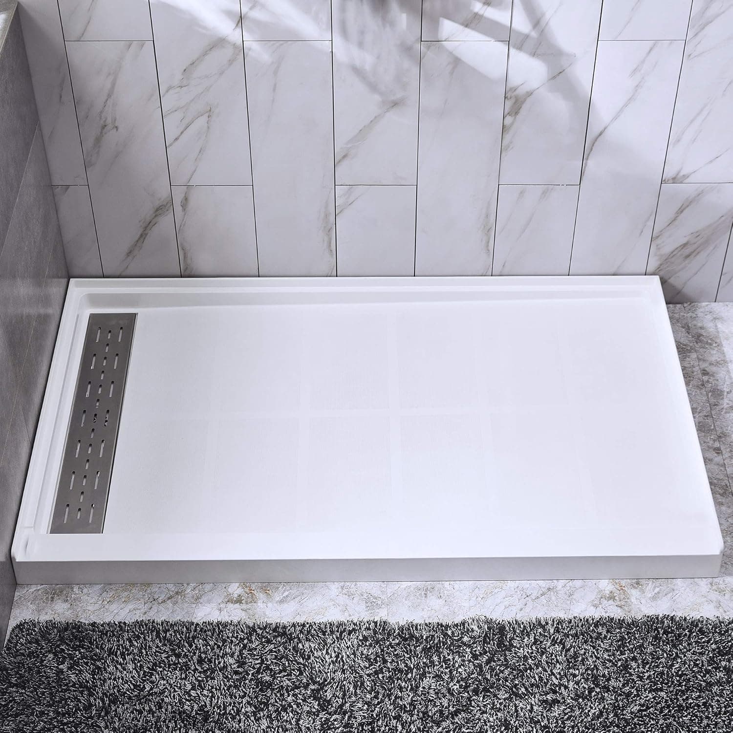 Woodbridge SBR6034-1000L Solid Surface Shower Base with Recessed Trench Side Including Stainless Steel Linear Drain Cover L x W x H, 60" L x 34" W x 4" H, Left Drain, White Color