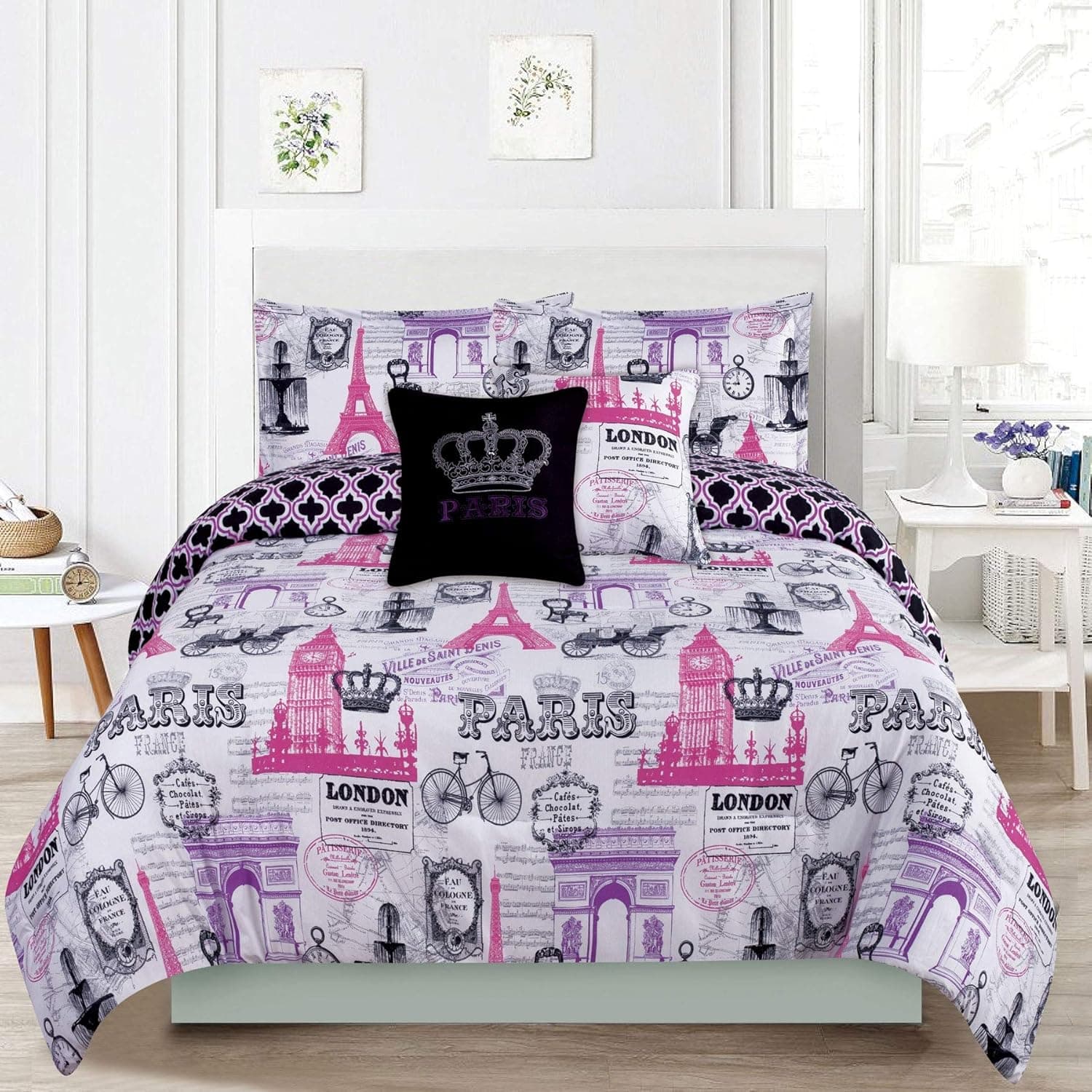 HowPlumb Bedding Queen 5 Piece Girls Comforter Bed Set, Paris Eiffel Tower London Pink and Purple