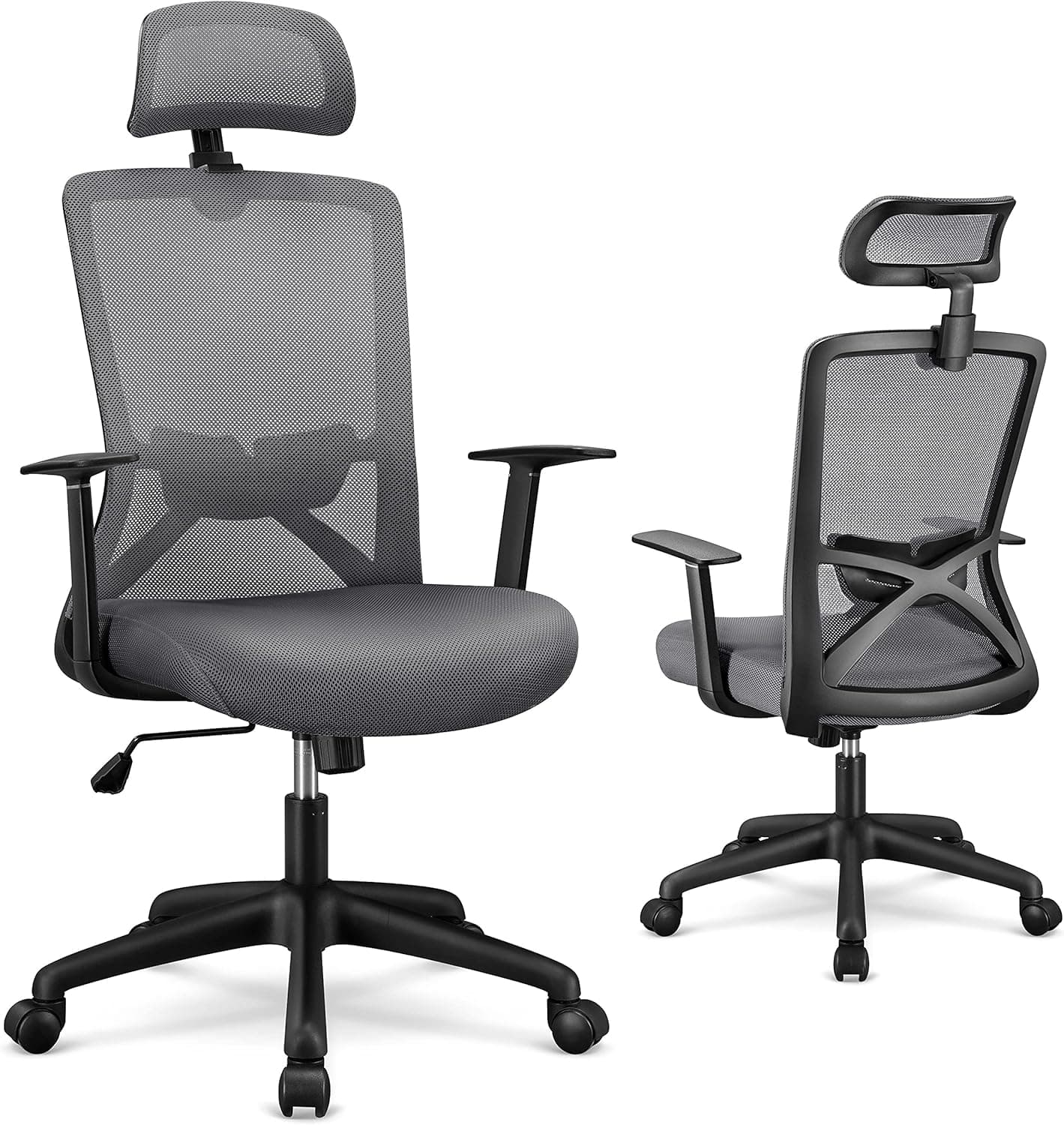 Yaheetech Office Desk Chair High Back Computer Chair Executive Chair with Breathable Mesh Back Adjustable Headrest Comfy Lumbar Support Swivel Rolling Chair, Dark Grey