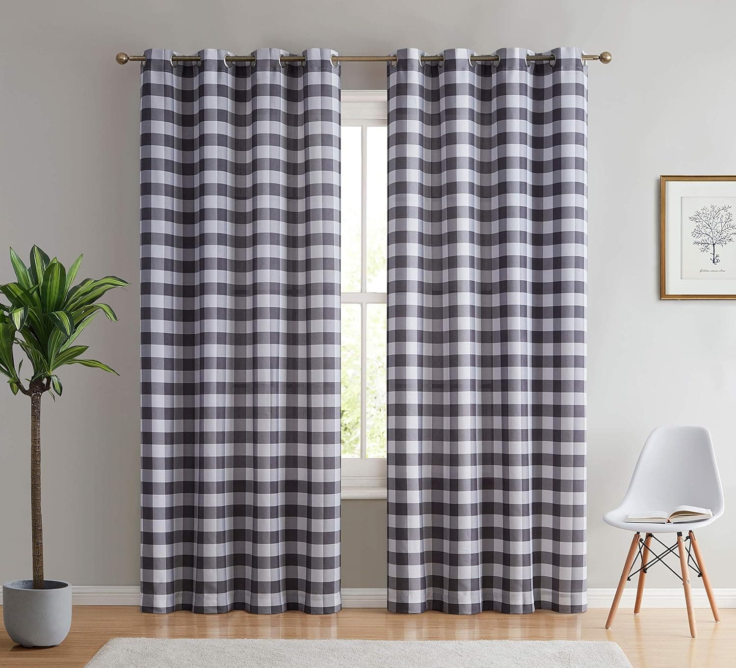 HLC.ME Hilltop Buffalo Check Textured Light Filtering Grommet Lightweight Window Curtains Drapery for Bedroom, Dining Room & Living Room, 2 Panels (52 x 72 Inch, Grey)