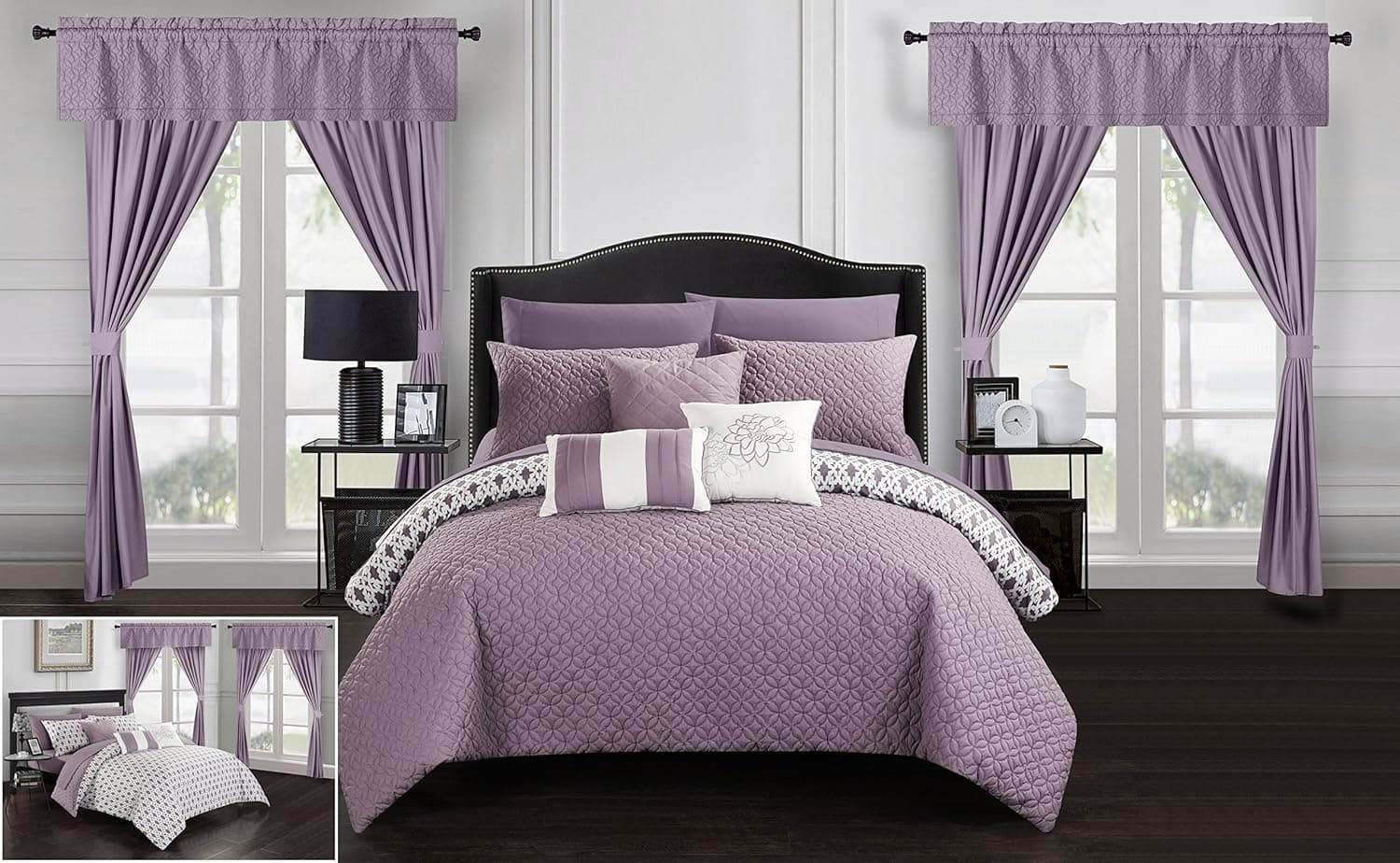 Chic Home Sigal 20 Piece Comforter Set Reversible Geometric Quilted Design Complete Bed in a Bag Bedding – Sheets Decorative Pillows Shams Window Treatments Curtains Included Queen Lavender