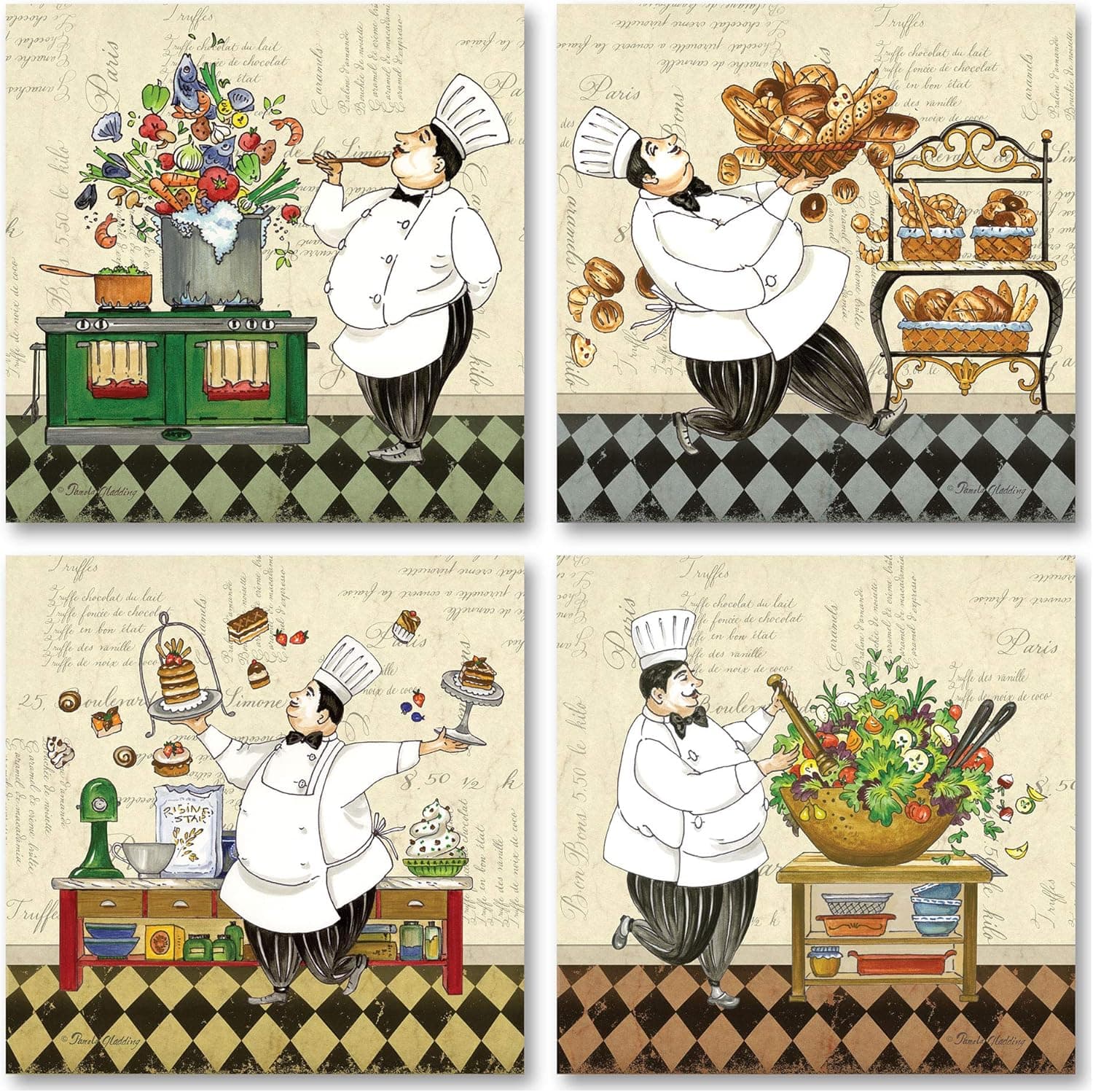Classic Retro Chef; Soup, Salad, Pastry and Bread; Kitchen Decor; Four 12x12 Poster Prints