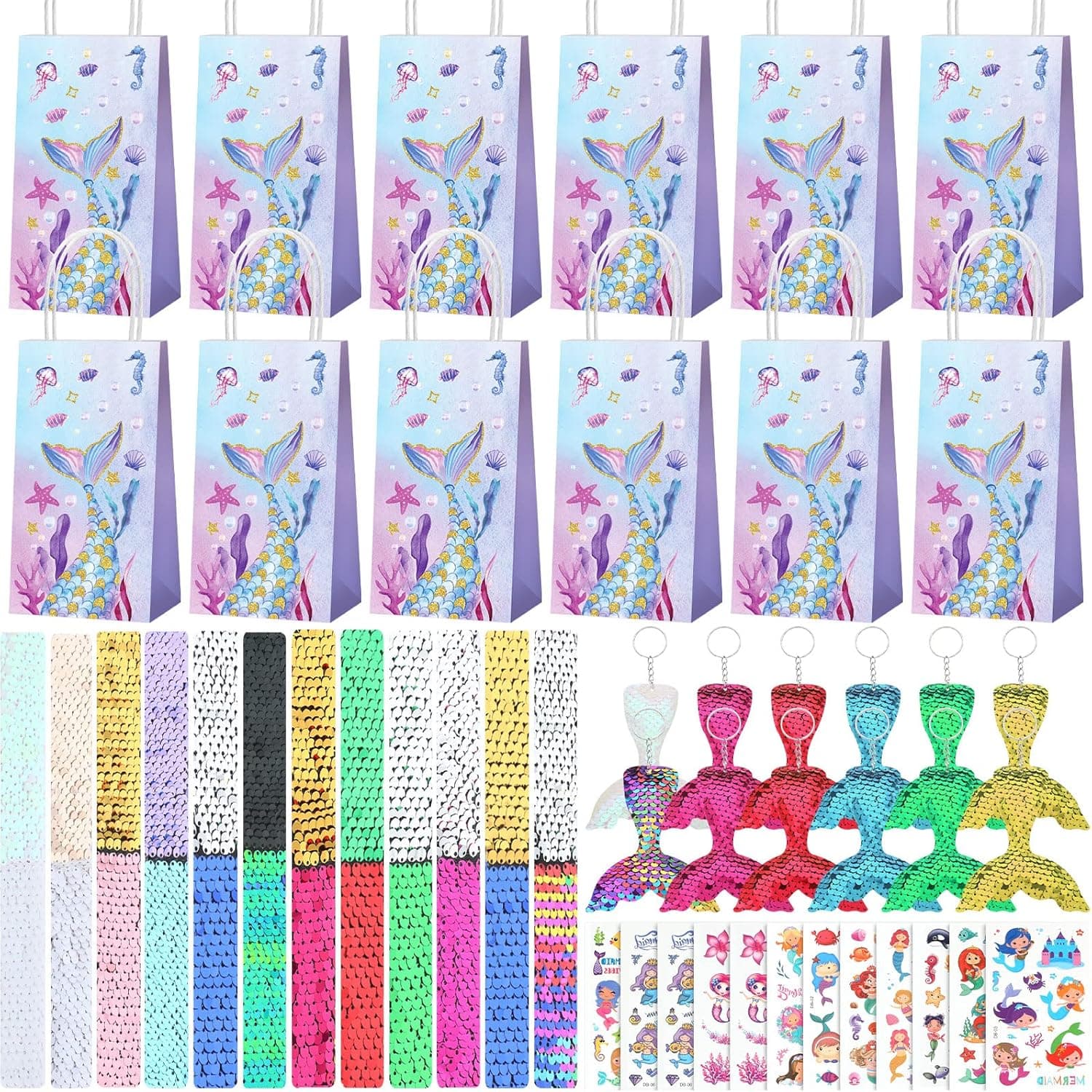 HyDren 48 Pcs Mermaid Party Favors Set, Pinata Including 12 Gift Bags Sequin Slap Bracelet Tail Keychain Tattoos for Girls Birthday Theme Decoration