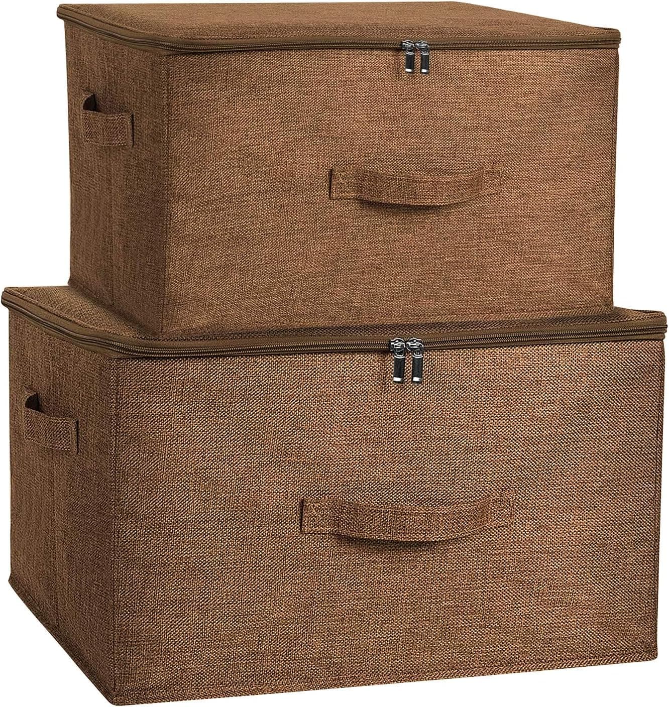 TmppDeco Extra Large Foldable Storage Bins with Lids, Zipper, Handles - 2 Pack Linen Fabric Closet Storage Bins for Toys, Clothes, Blankets, Comforters, Organization and Storage Bins - Brown