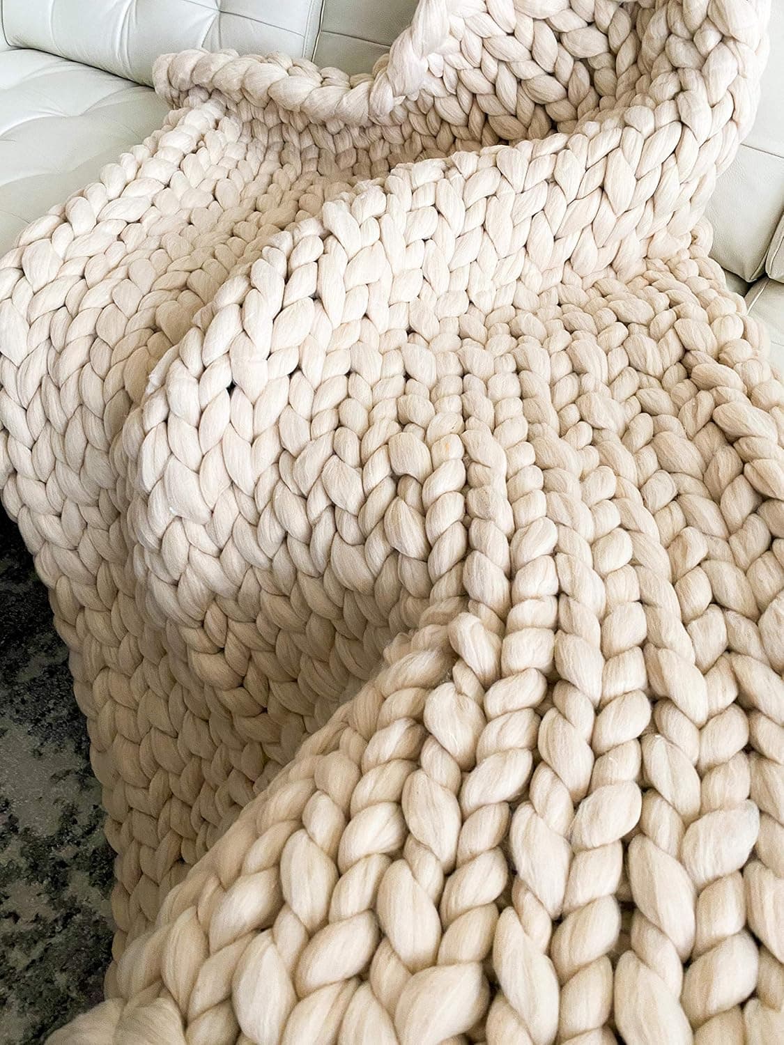 New La Reine Chunky Knit Blanket Chenille - Bundle with Knitted Throw Pillow - Bulky, Soft, Fluffy, Oversized Cable Braided Hand Knotted Throw for Sofa, Boho Gift (Beige, 60" x 79")