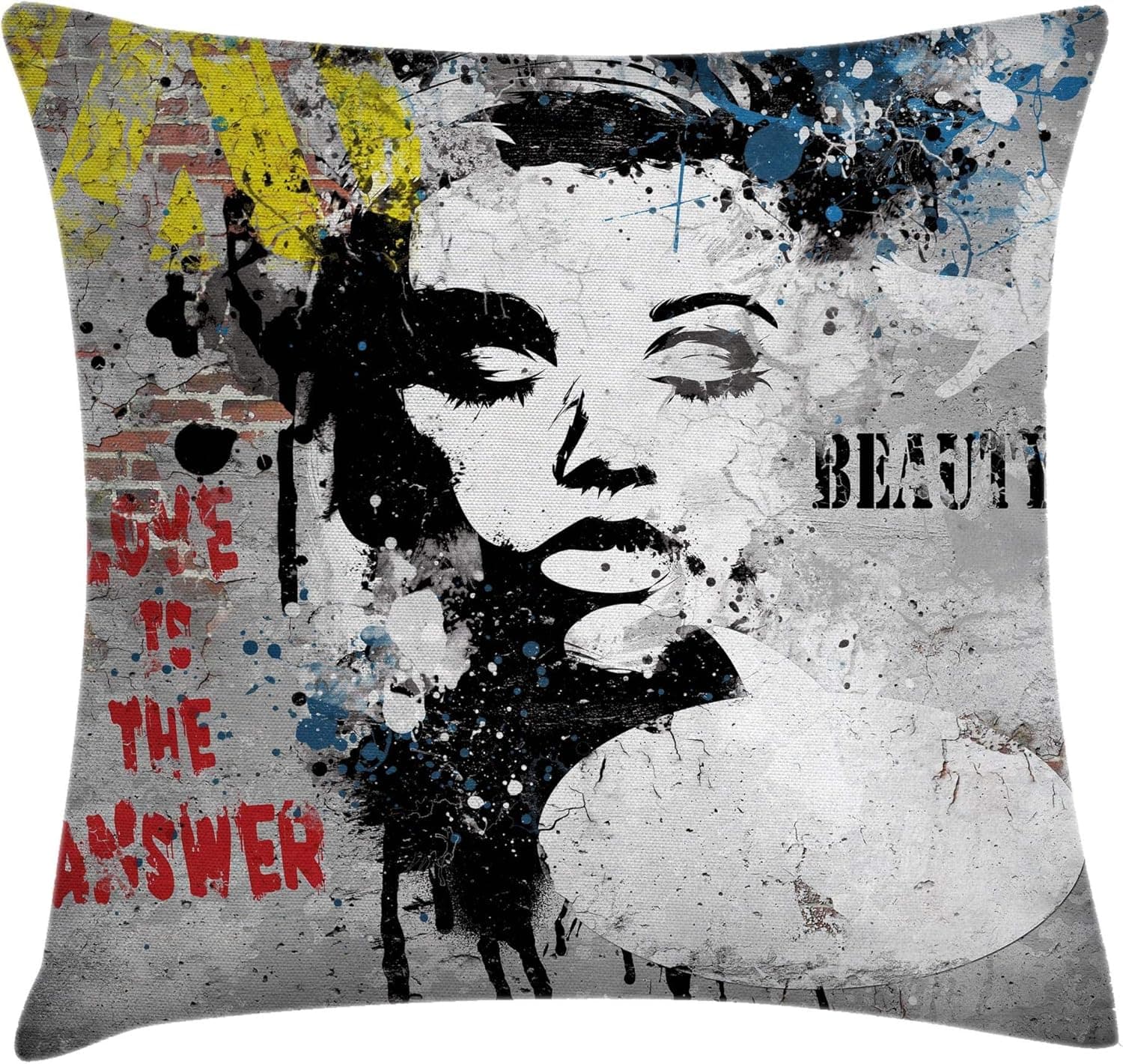 Ambesonne Graffiti Throw Pillow Cushion Cover, Modern and Grunge Wall with a Girl and Words Casual Youth Urban Fashion Print, Decorative Square Accent Pillow Case, 20" X 20", Yellow Grey