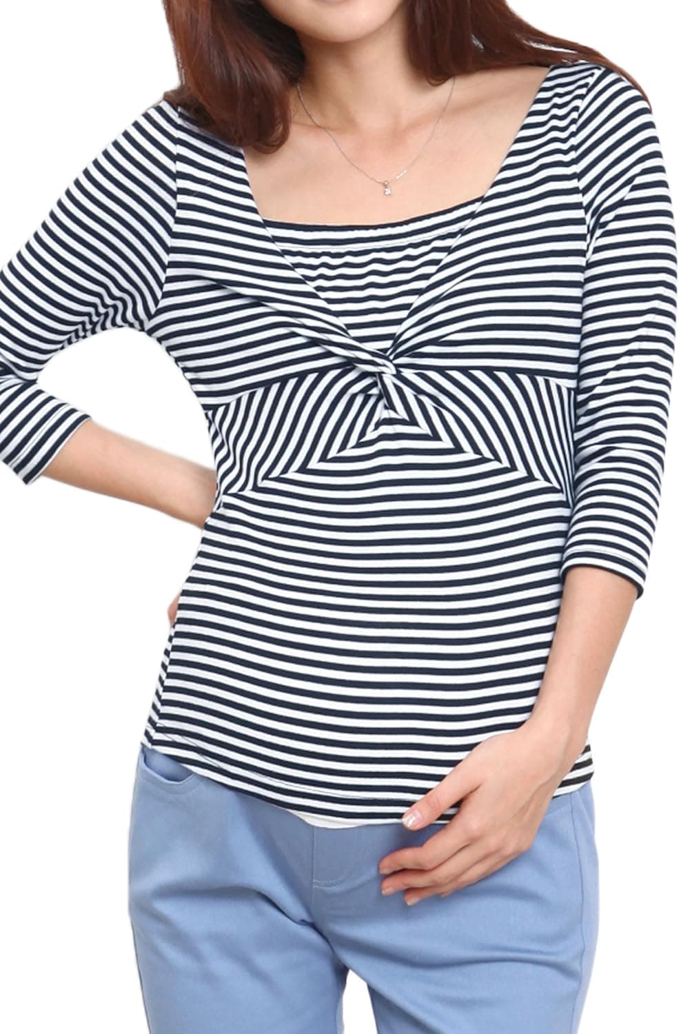 Sweet Mommy Striped Maternity and Nursing Top with 2 Nursing Layer Navy, M