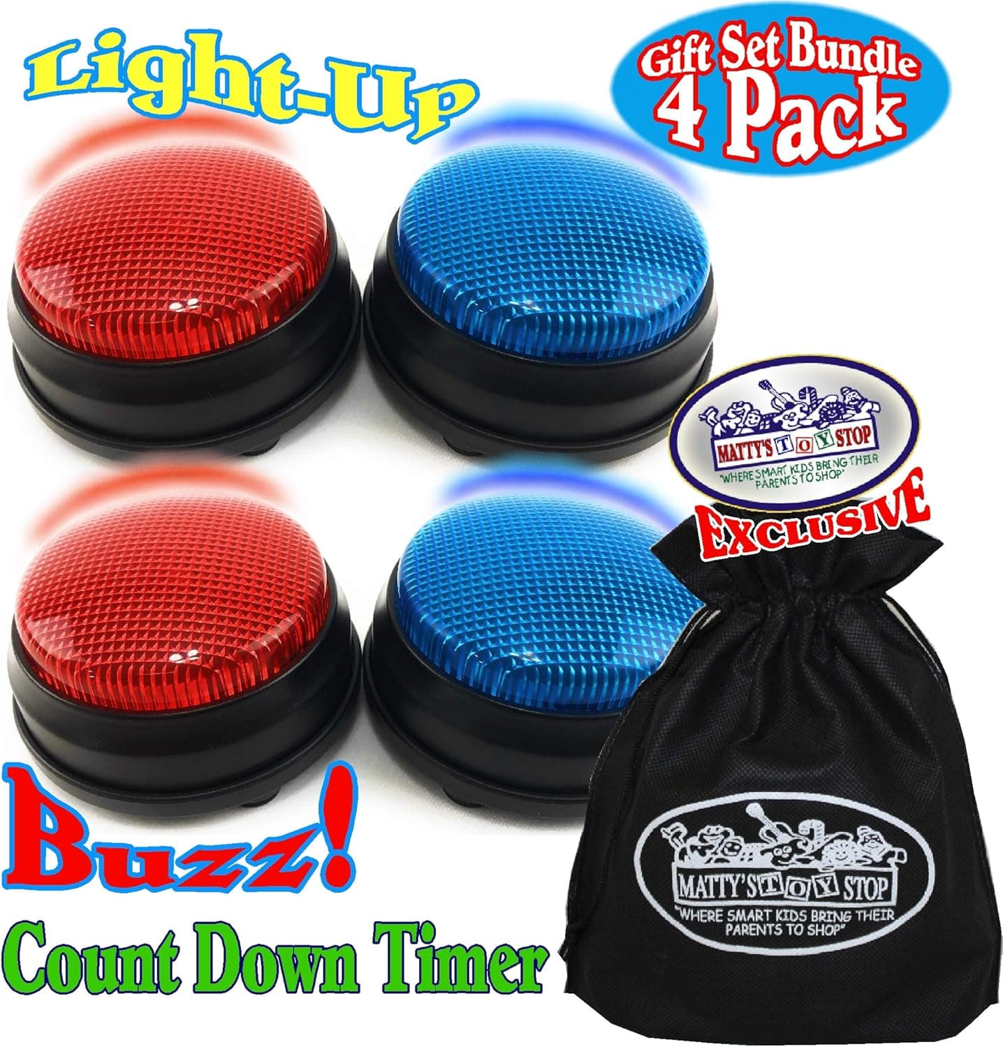 Matty's Toy Stop Lights & Sounds Electronic 3 Mode Red & Blue Game Answer Buzzer and Count Down Timer Gift Set Bundle with Bonus Storage Bag (Perfect for Games, Classrooms, etc.) - 4 Pack