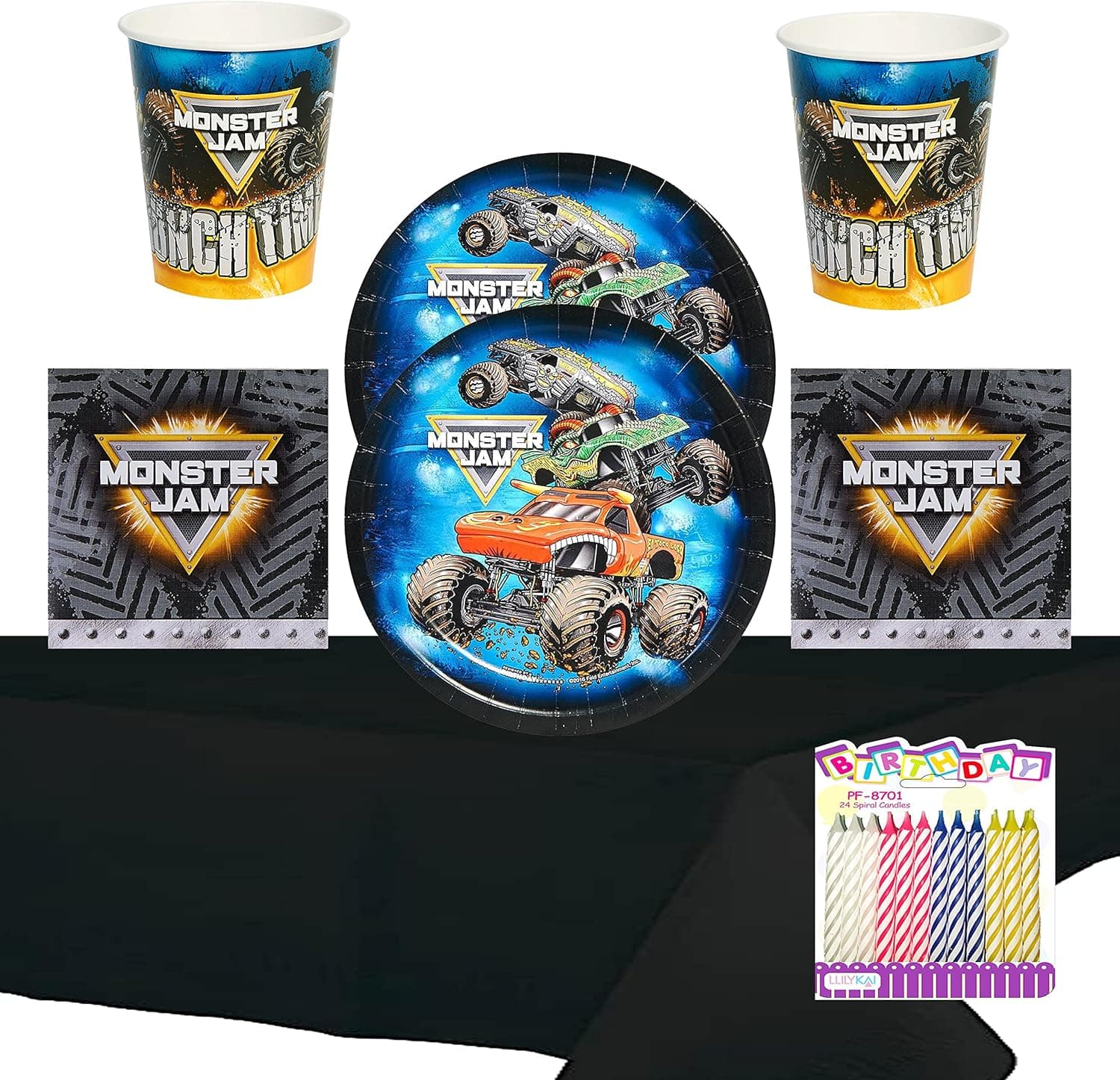 Monster Truck Party Supplies Pack Serves 16: Dessert Plates Napkins Cups and Table Cover with Birthday Candles (Bundle for 16)