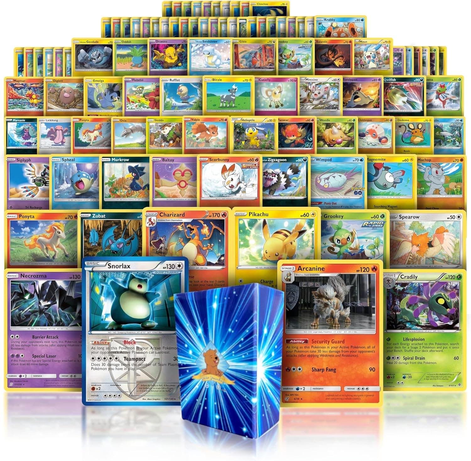 HP Rare Card Star Bundle | 100 Cards | Bonus 5 Rares with 120 HP or Higher Guaranteed | GG Deck Box Compatible with Pokemon