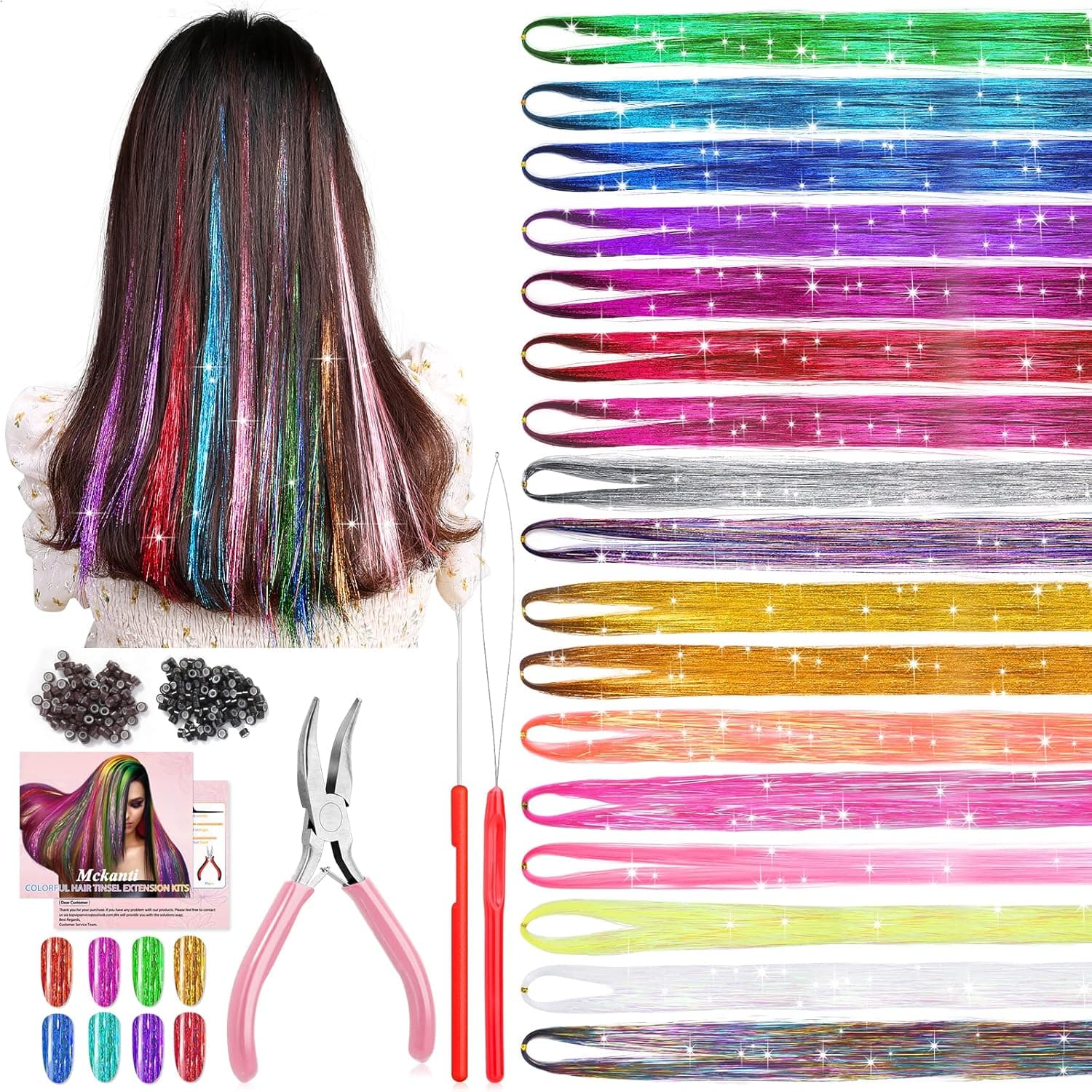 Mckanti 17 Colors Hair Tinsel Kit with Tool, 47 inch 3400 Strands Tinsel Hair Extensions for Women Girls, Fairy Hair Tinsel Glitter Sparkling Shiny Colorful Synthetic Hair for Party Daily Life Fashion