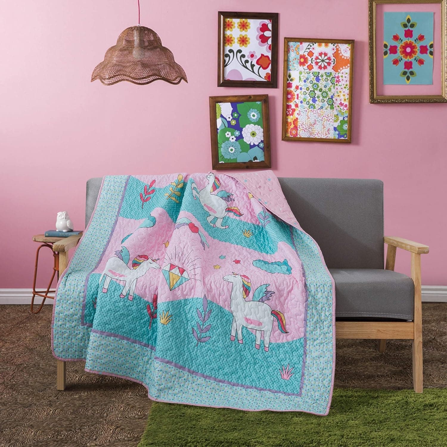 SLPR Unicorn Dreams Lap Quilt - 50" x 60": Lightweight Pink Comforter, Magical Creatures Bedding for Girls, Kids Quilted Throw, Lightweight Unicorn Blanket, Shooting Stars and Diamond Bedspread