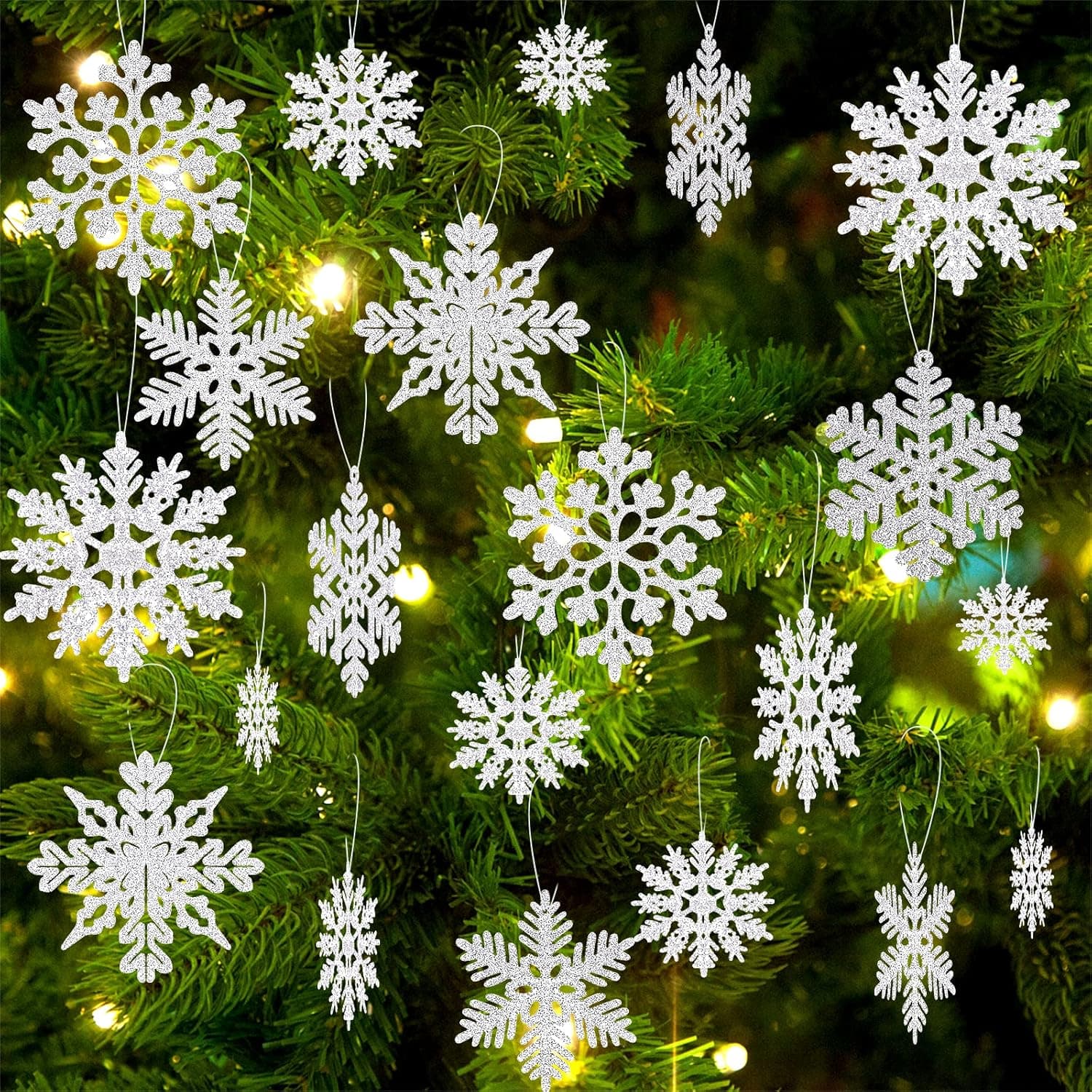 Kusamue Christmas Snowflake Ornaments 20PCS, Hanging Glitter Silver Christmas Tree Pendant Decorations with Silver Rope for Party