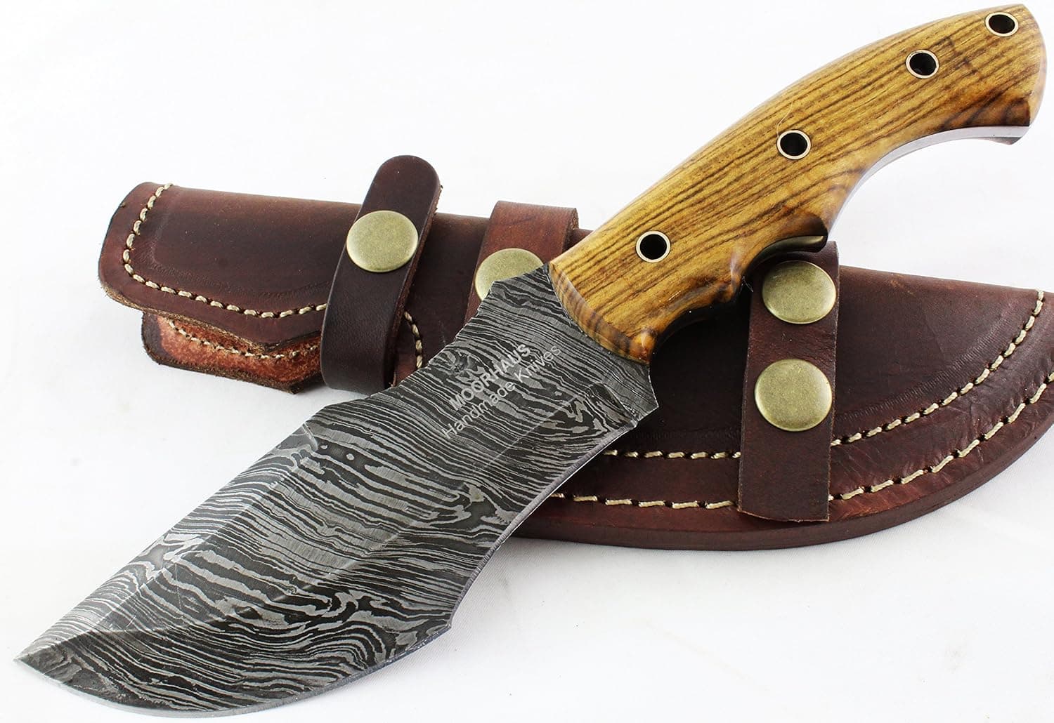 Moorhaus Handmade Damascus Bocote Wood Tracker Knife with Leather Sheath