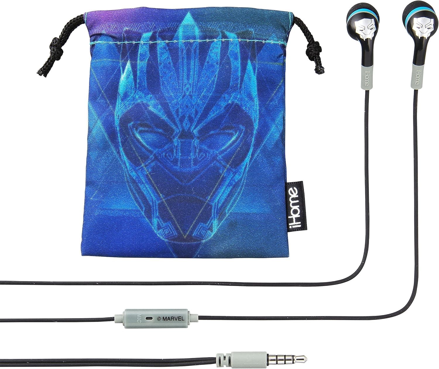 Marvel Avengers Noise Isolating Earbuds with Built in Microphone and Travel Pouch (Black Panther)
