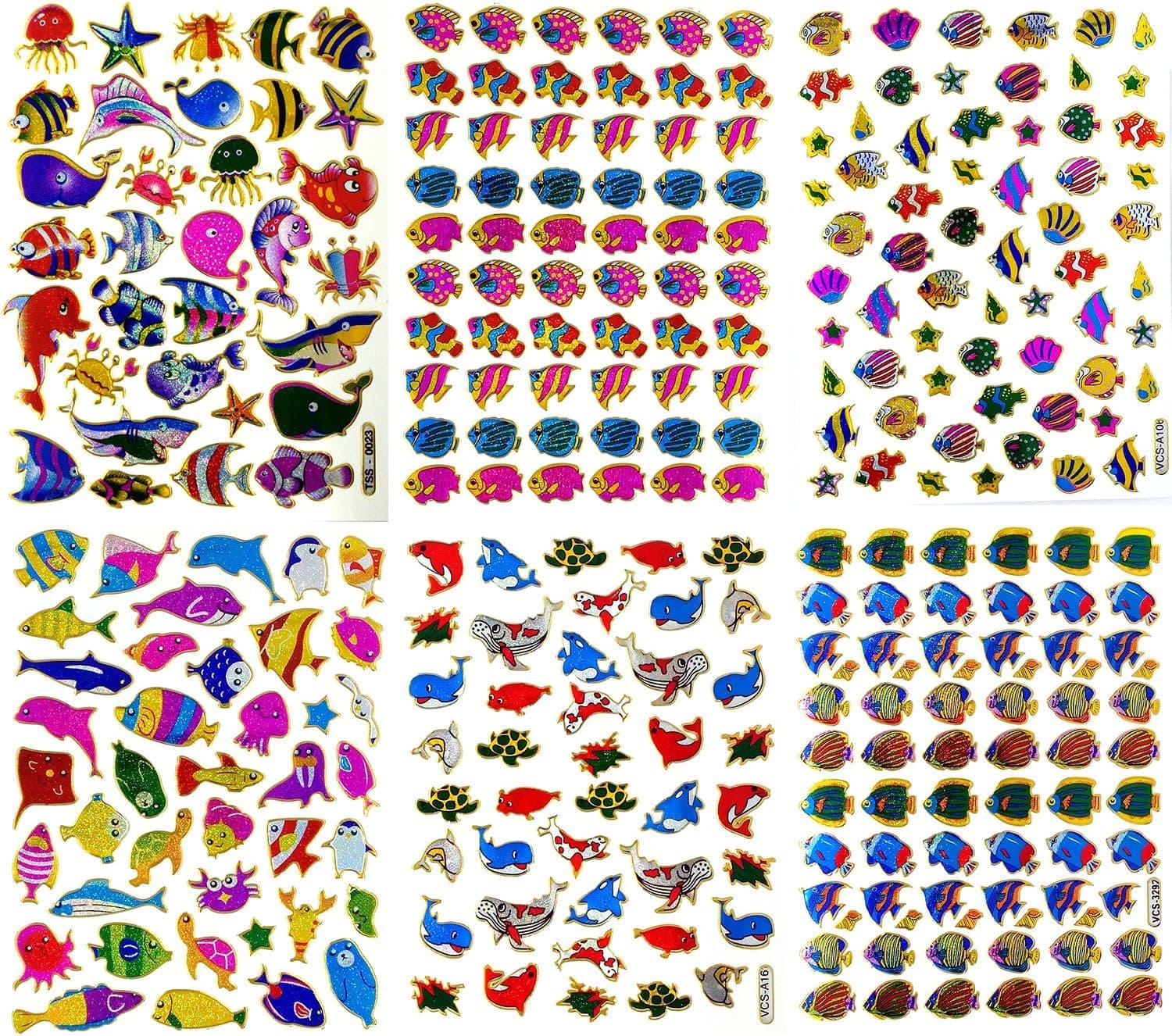 Fish007 - 6 Sheets of Scrapbook Fish Stickers, Fish Scrapbook Stickers, Small Fish Stickers, Reflective Stickers - Animal Stickers for Kids - Size 4 X 5.25"/sheet (Clownfish, Whale etc.)