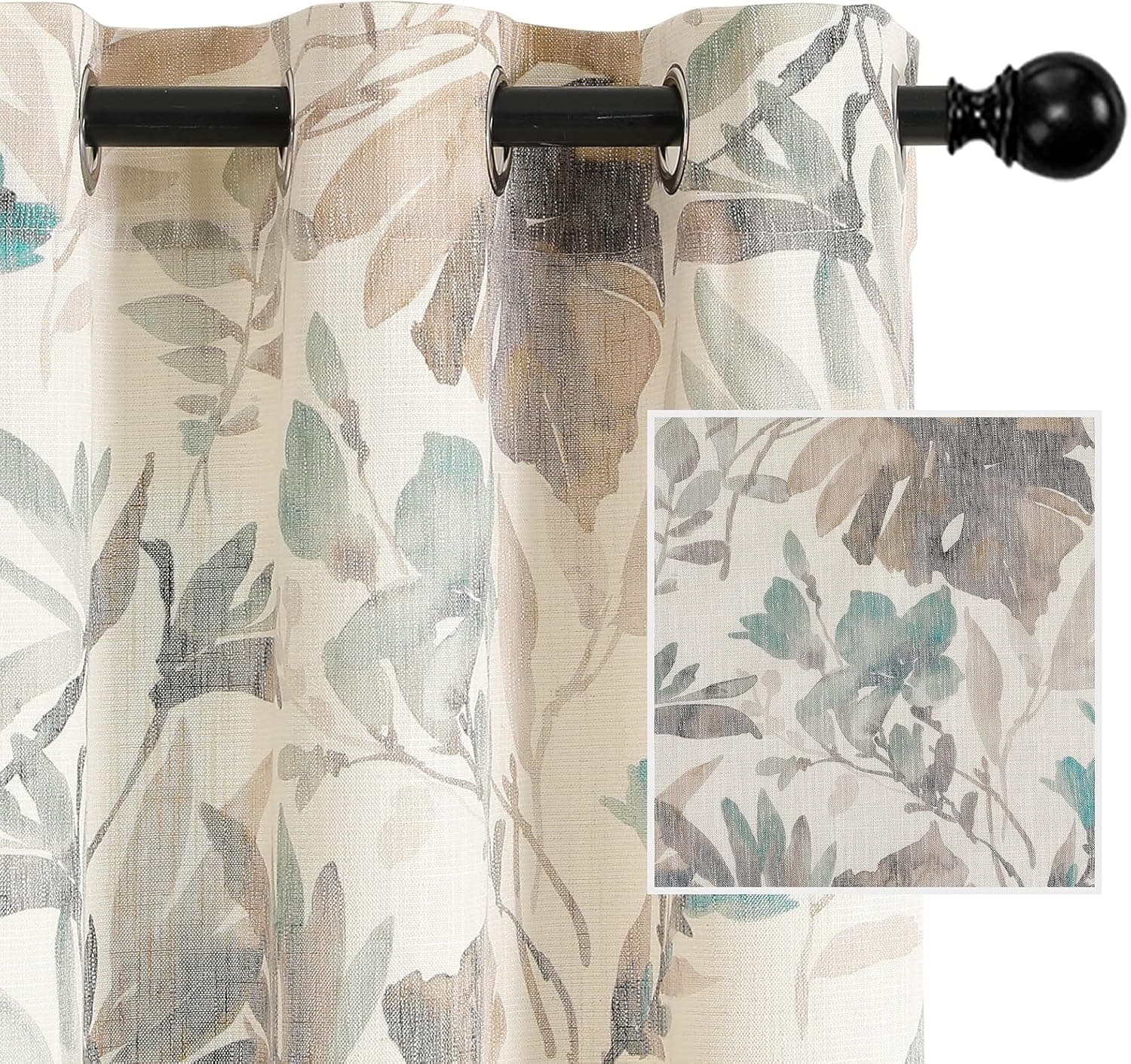 MYSKY HOME Linen Style Curtains 95 Inch Length Semi Sheer Cotton Curtains Light Filtering Curtains for Living Room Bedroom Floral Printing Window Treatment Grommet 2 Panels,Brown and Natural