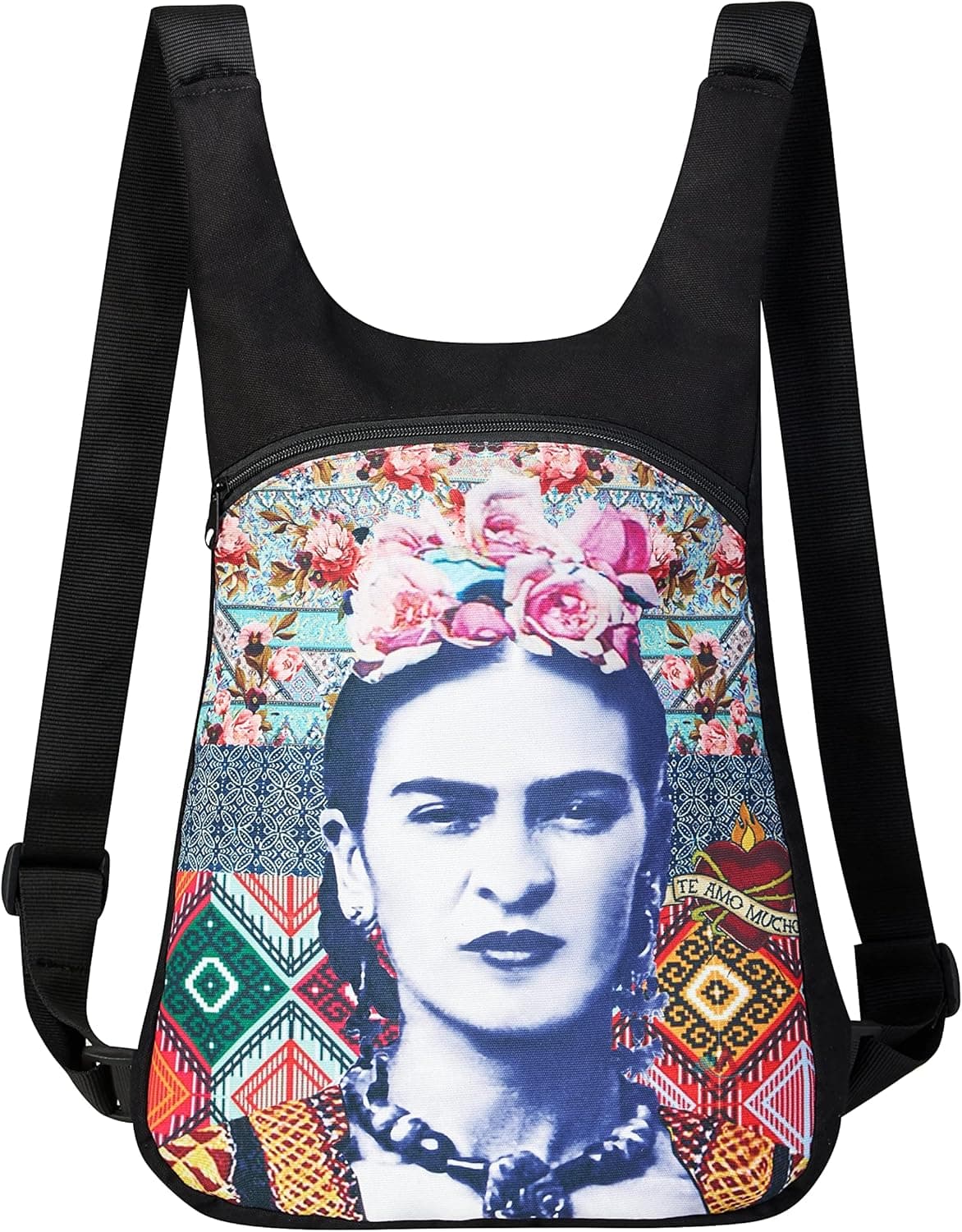 Akitai Frida Kahlo Inspired Backpack - Black Canvas Women Purse - Womens Fashion Art Print Gypsy Bohemian Bag