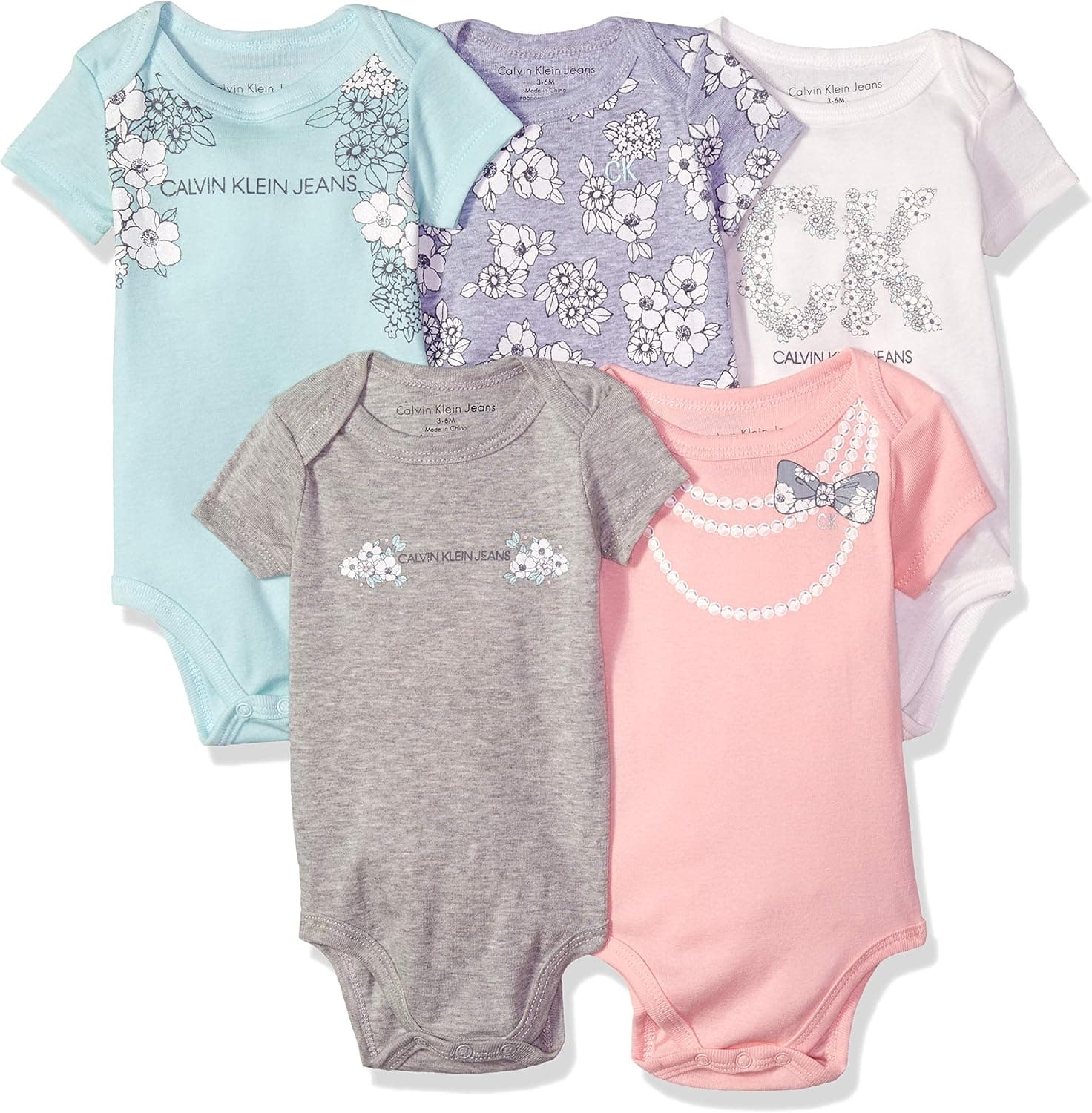 Calvin Klein Baby Girls' Assorted Short Sleeve Bodysuit (Pack of 5)