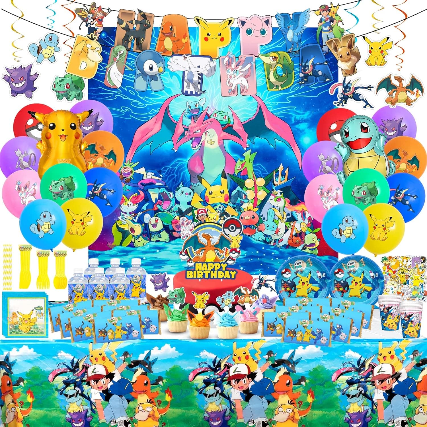 219Pcs Anime Birthday Party Supplies,Birthday Party Decorations Include Happy Birthday Banner,Backdrop,Napkins,Cups,Straws,Hanging Swirls,Tableware Set,Cake Toppers,Cupcake Toppers,Chocolate Stickers,Bottle Labels,Stickers,Foil Balloons,Latex Balloons and Tablecloth