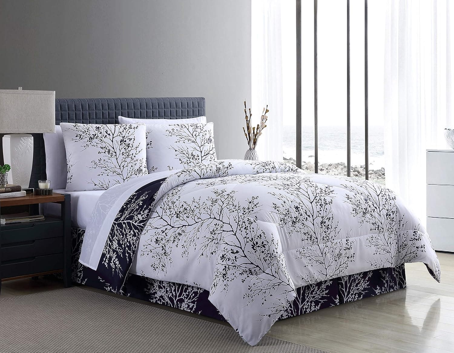 VCNY Leaf 8-Piece Comforter Set, King, Navy and White