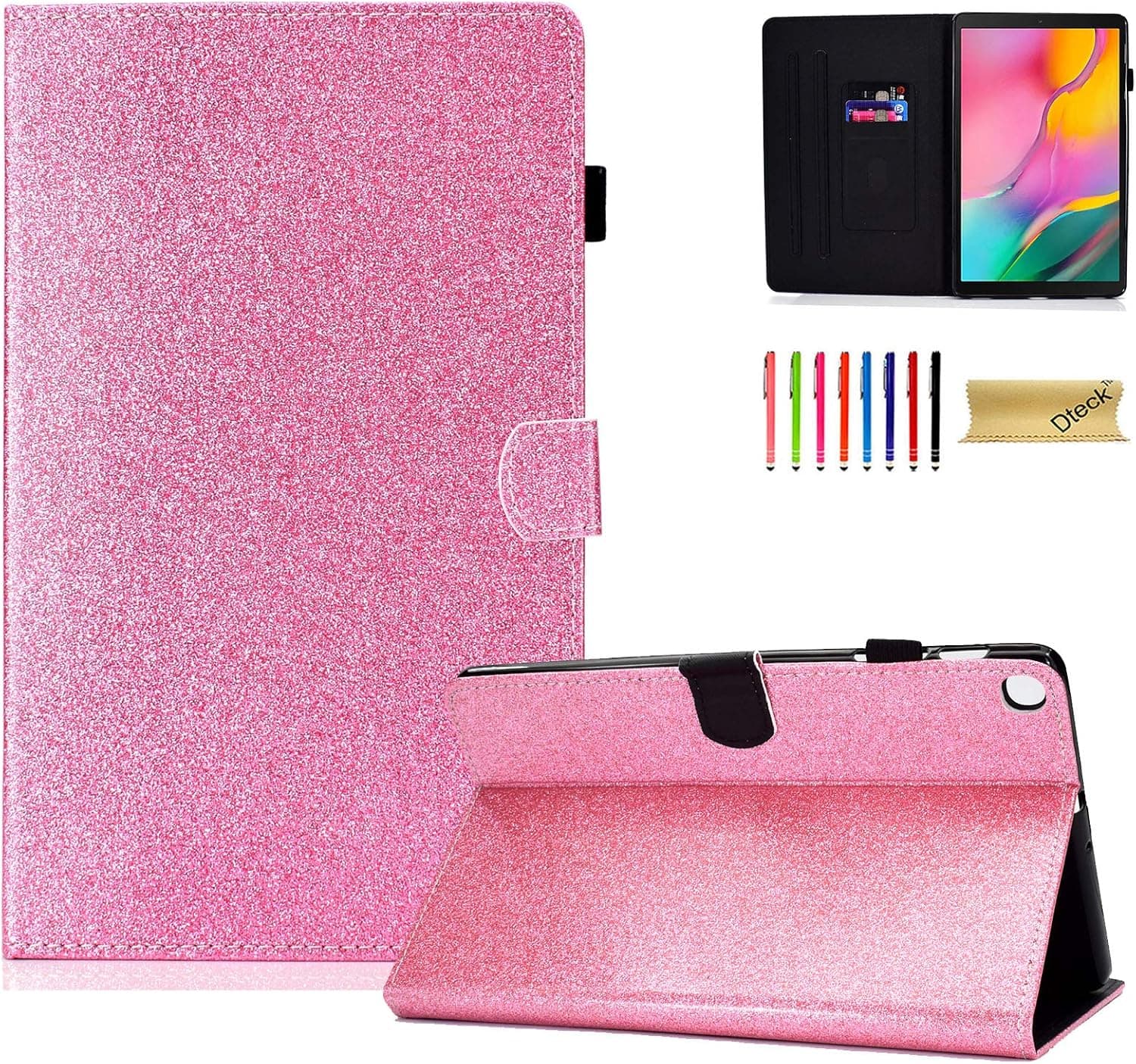 Dteck Galaxy Tab A 10.1 Case 2019 Tablet SM-T510/T515, Glitter Bling Folio Stand Cover with Pencil Holder & Card Slots Wallet Case for Samsung Galaxy Tab A 10.1 Inch SM-T510, Pink