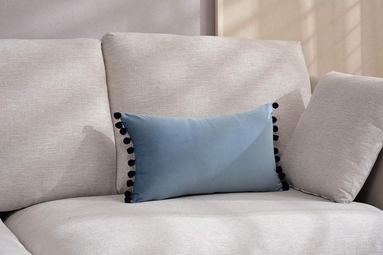 iHogar Lumbar Throw Pillow Case Covers Soft Velvet Cushion Cover with Pom Poms for Couch Bedroom Car Home Decorative 12 x 20 Inch / 30 x 50 cm Blue Grey