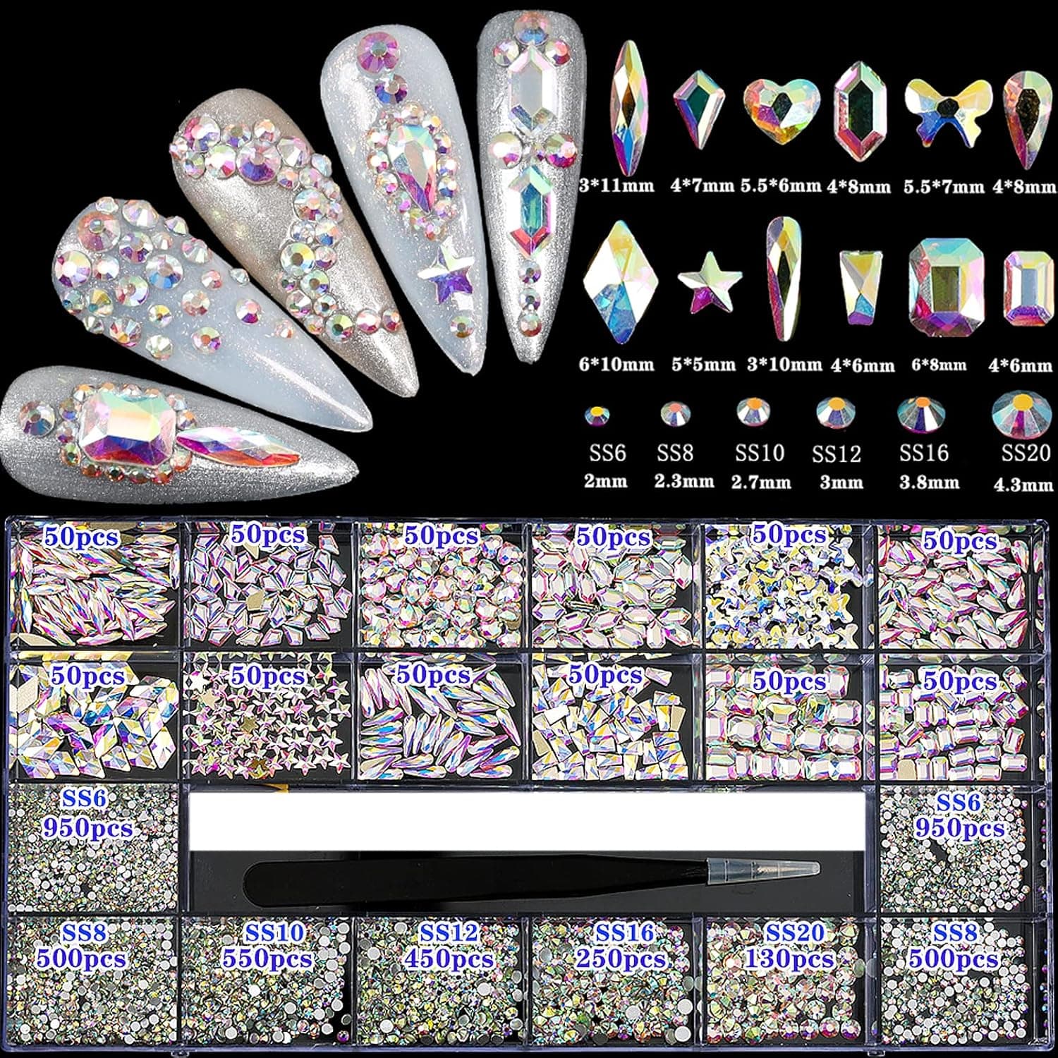 4880Pcs AB Crystal Nail Rhinestones Set, Nail Art Rhinestones Round Beads Flatback Glass Gems Stones, Multi Shapes Rhinestones Nail Art 3D Crystals for Nail DIY Crafts Clothes Shoes Jewelry