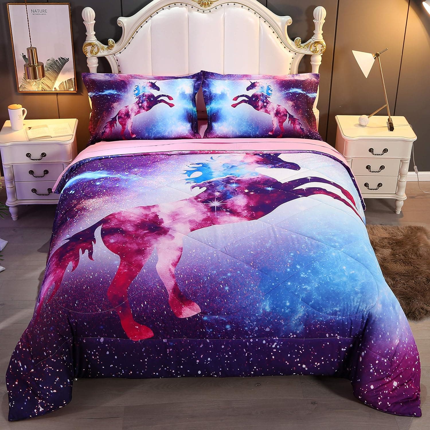 Wowelife 5-Piece Bedding Sets for Girls Queen, Premium Galaxy Unicorn Comforter Set Queen, 3D Unicorn Bedding Set, Comfortable and Soft for Kids and Adultss(Galaxy Unicorn, Queen)
