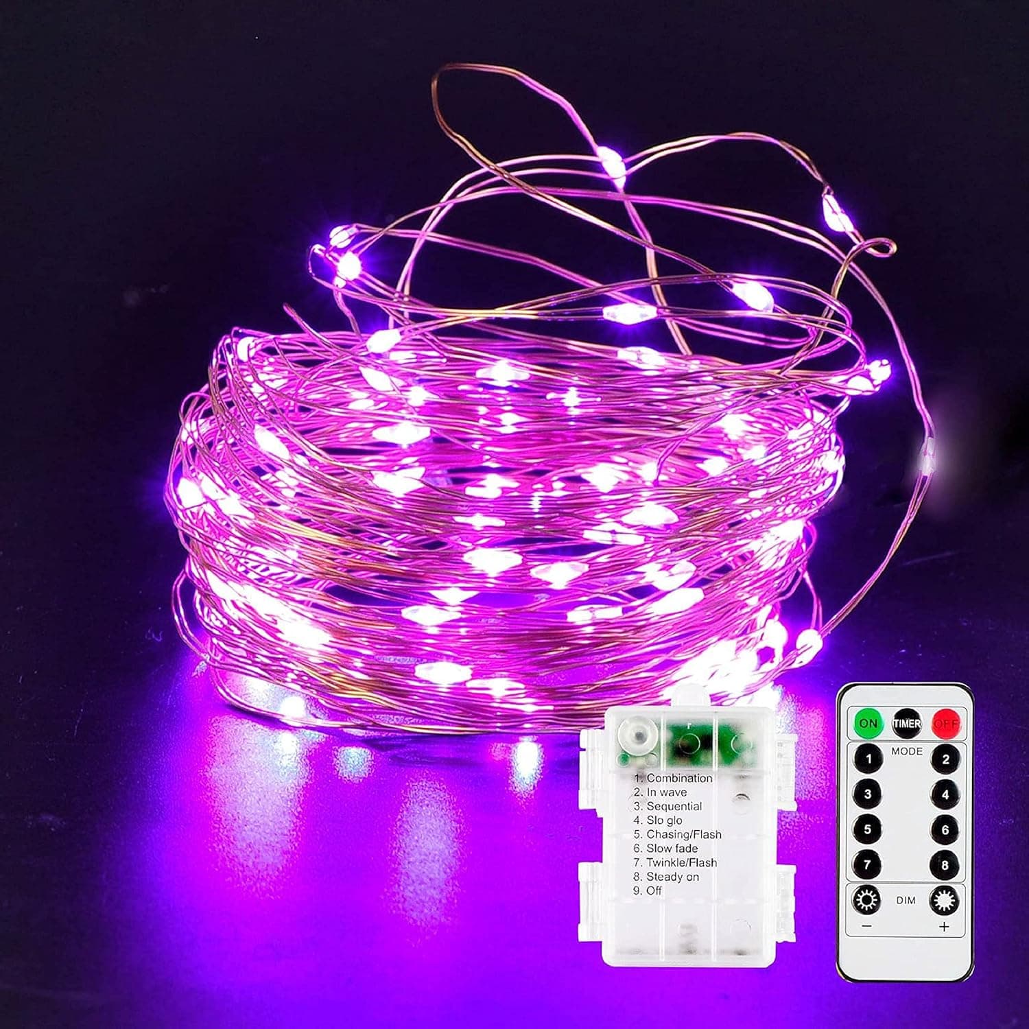 Joiedomi Christmas LED String Lights Decorations with Remote Control and 8 Lighting Modes, Battery Powered Purple Copper LED Light for Party, Home, Patio, and Christmas Holiday Decoration (32.8 ft)