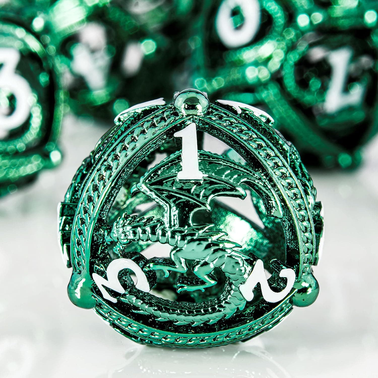 Metal DND Dice Set - Hollow Orb Round Design for Better Rolling - Beautiful Dragon Metal Dice Set for Role Playing Games (RPG) - Stunning D&D Dungeons and Dragons Dice Set (Green)