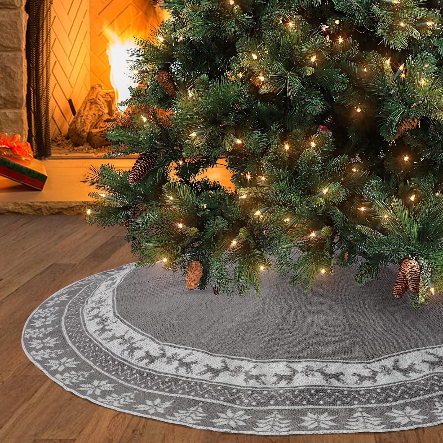 Weldomcor Christmas Tree Skirt Knitted 48 Inches Xmas Tree Skirts Pad Elk Snow Flower Large Tree Mat Home Holiday Party Christmas Decorations, Grey