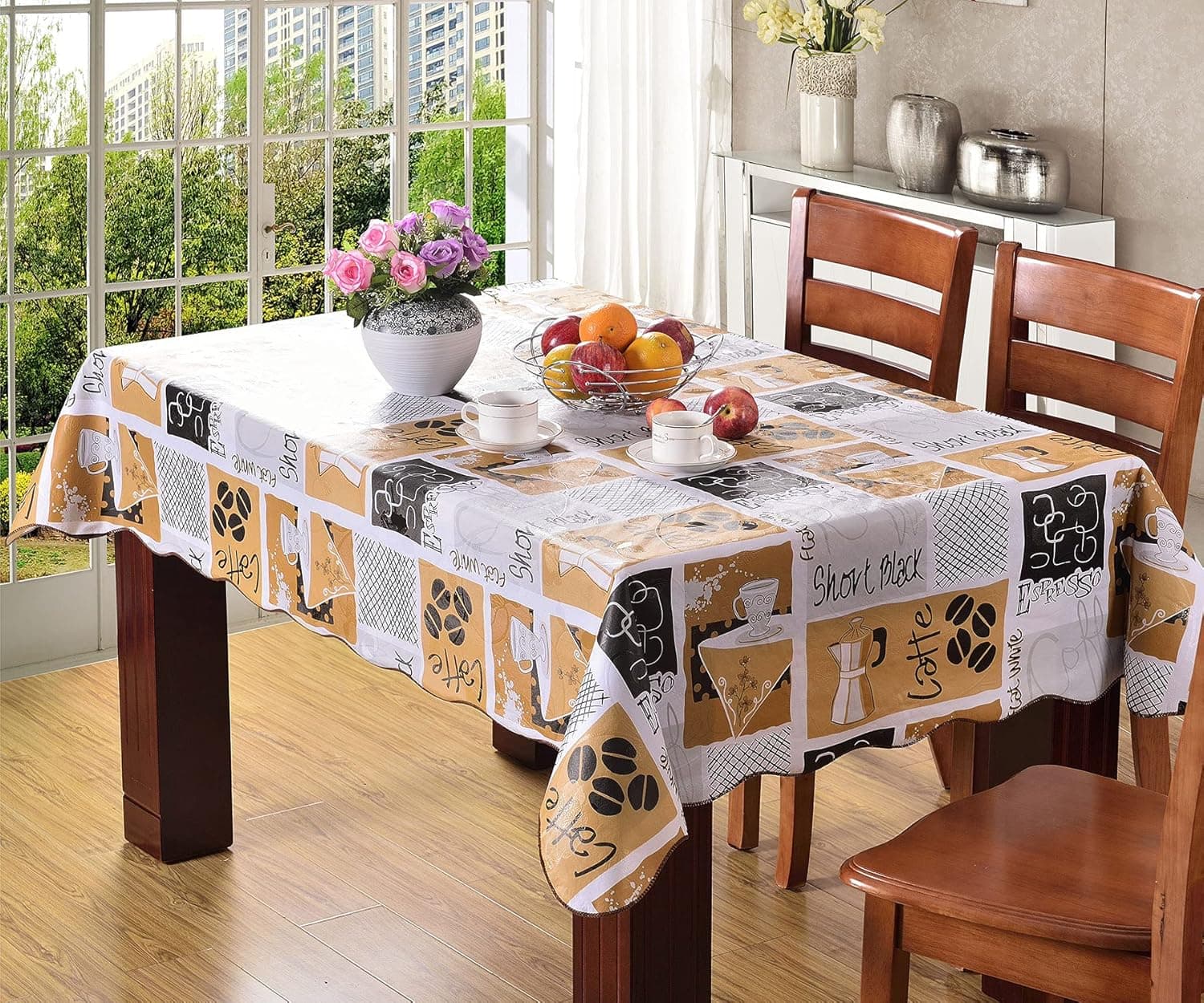 Vinyl Tablecloth With Flannel Backing Rectangular Waterproof Small Table Cloth Plastic PVC Oil Proof Spill Proof Washable Table Cover for Picnic Dining Table Buffet Parties (60x70inch, Coffee beans)
