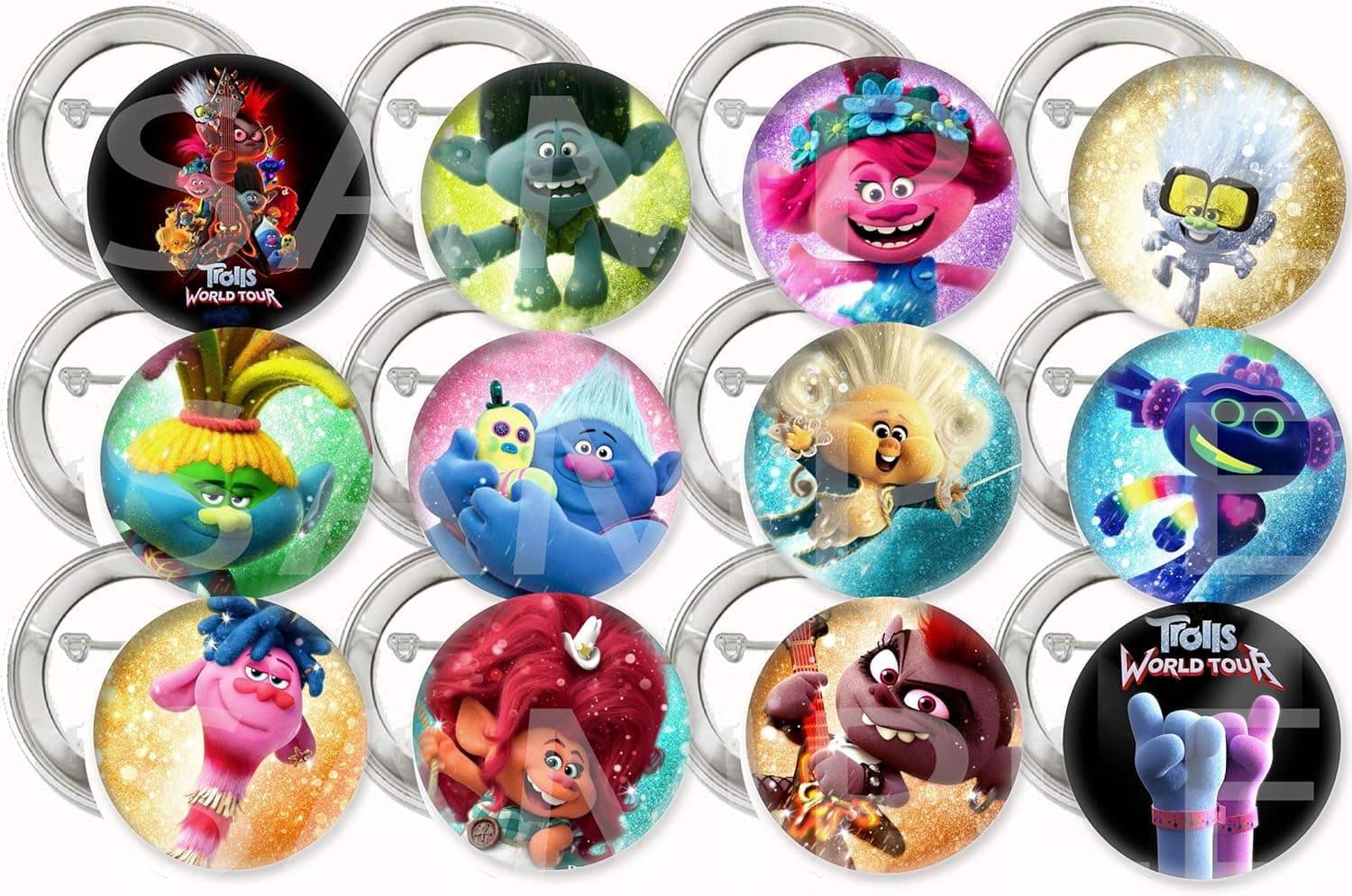 Trolls World Tour Party Favors Supplies Decorations Collectible Metal Pinback Buttons, Large 2.25” -12 pcs Poppy Branch Tiny Diamond King Trollex Legsly Queen Essence Pennywhistle
