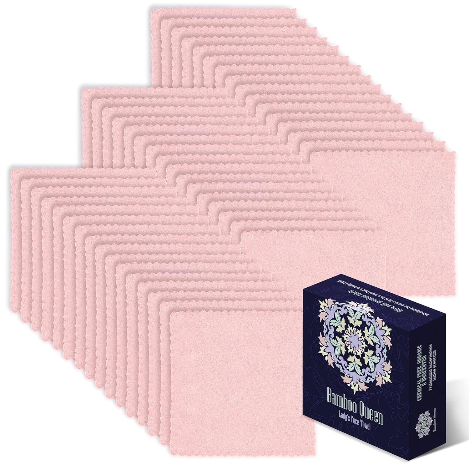 BAMBOO QUEEN 48 Pack Face Towels, Pink, 8x8 Inch (48 Pack,Box Set)