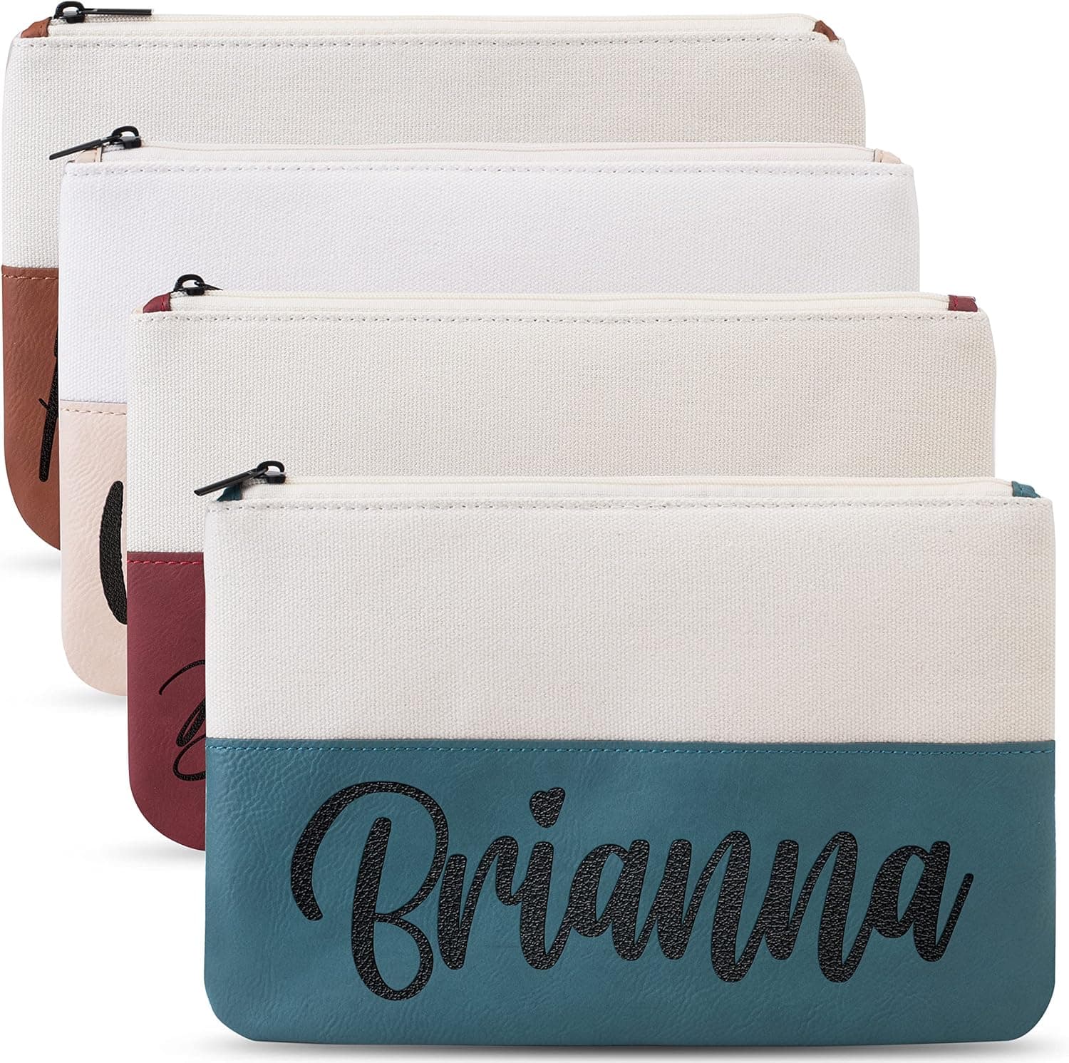 Personalized Makeup Bag w/Name - Vegan Leather & Canvas - 7 Fonts, Bridesmaid Proposal Gifts, Custom Cosmetics Bag, Lightweight & Portable Makeup Pouch for Travelling, Gifts for Women, Mom - Teal