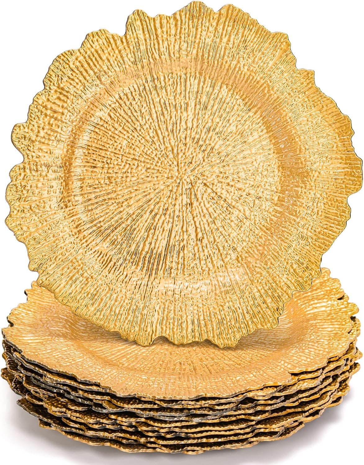 WUWEOT 12 Pack 13" Gold Charger Plates, Plate Chargers with Flora Reef Design, Plastic Round Ruffled Rim Dinner Charger Plates for Dinner Wedding Party Decoration