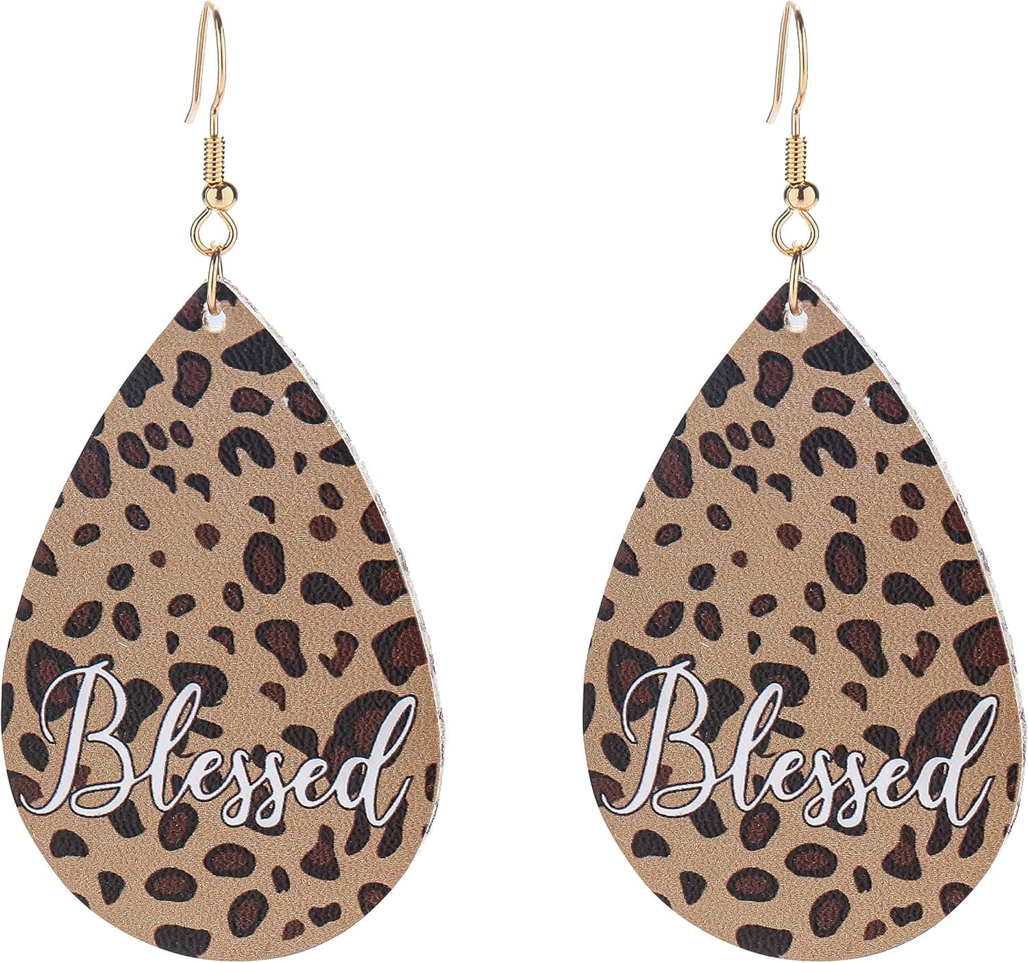 Leopard Leather Earrings,Teardrop Cheetah Leather Earrings Faux Leather Drop Earrings for Women Girls (blessed)