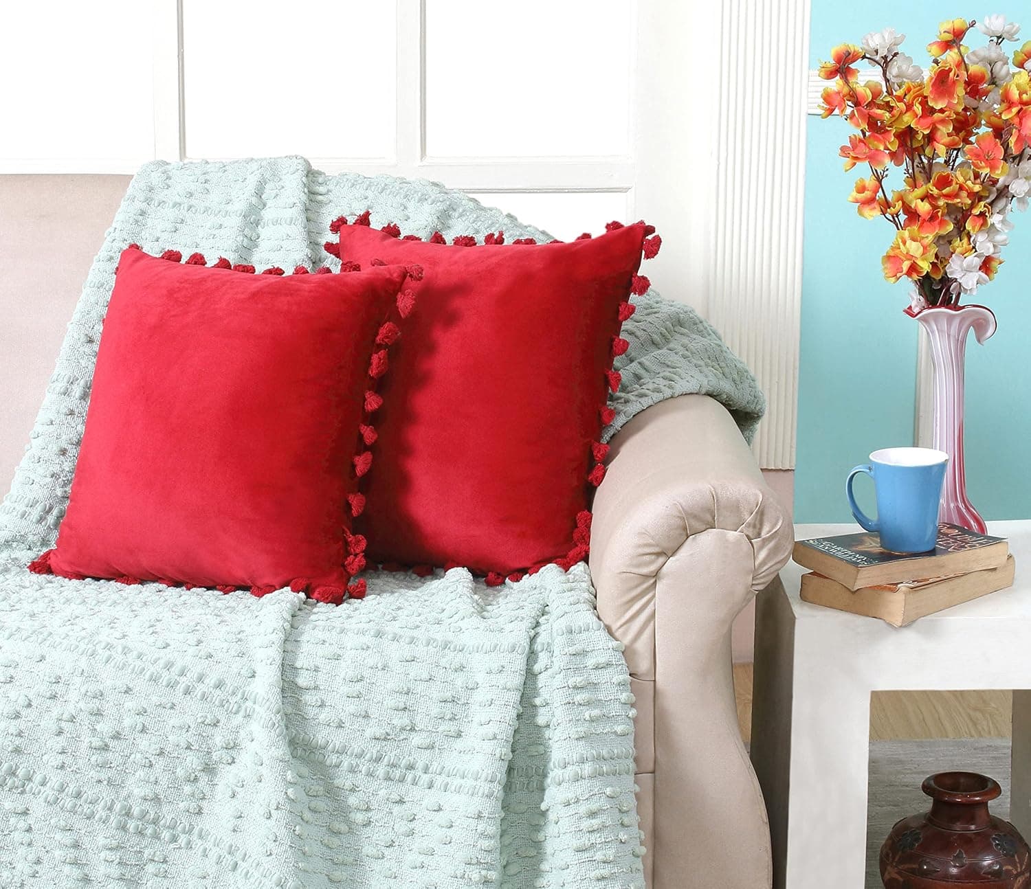 ACCENTHOME Decorative Velvet Throw Pillow Cover 18x18 Inch (2 Pc) Tassels Fringe Design Pillows for Farmhouse Couch Sofa Bedroom | Red Velvet Pillow Covers | Home Decor Luxury Living Pillowcases