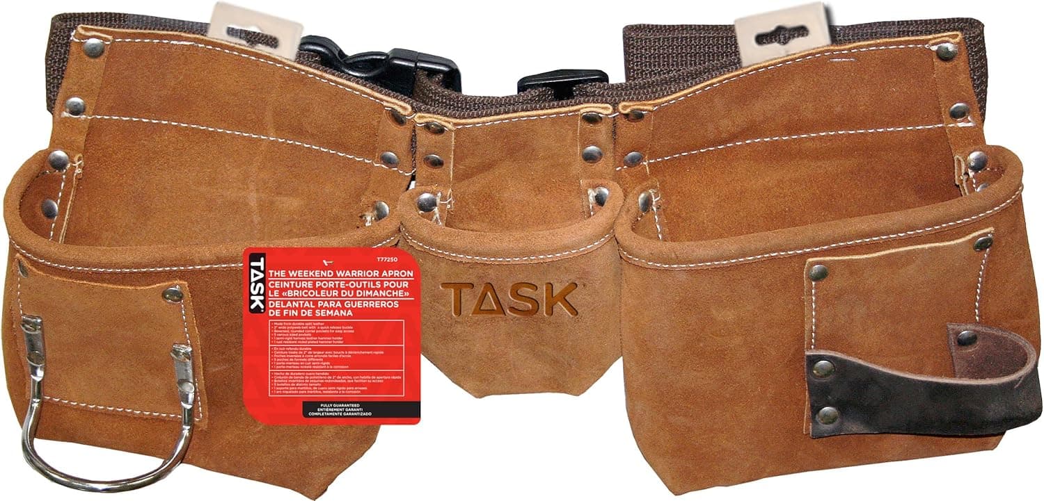 Task T77250 Weekend Warrior Work Apron, 5-pocket Leather Utility Belt with 2-Inch Wide Polymer Belt Quick Release Buckle - Adjusts from 36” - 54”
