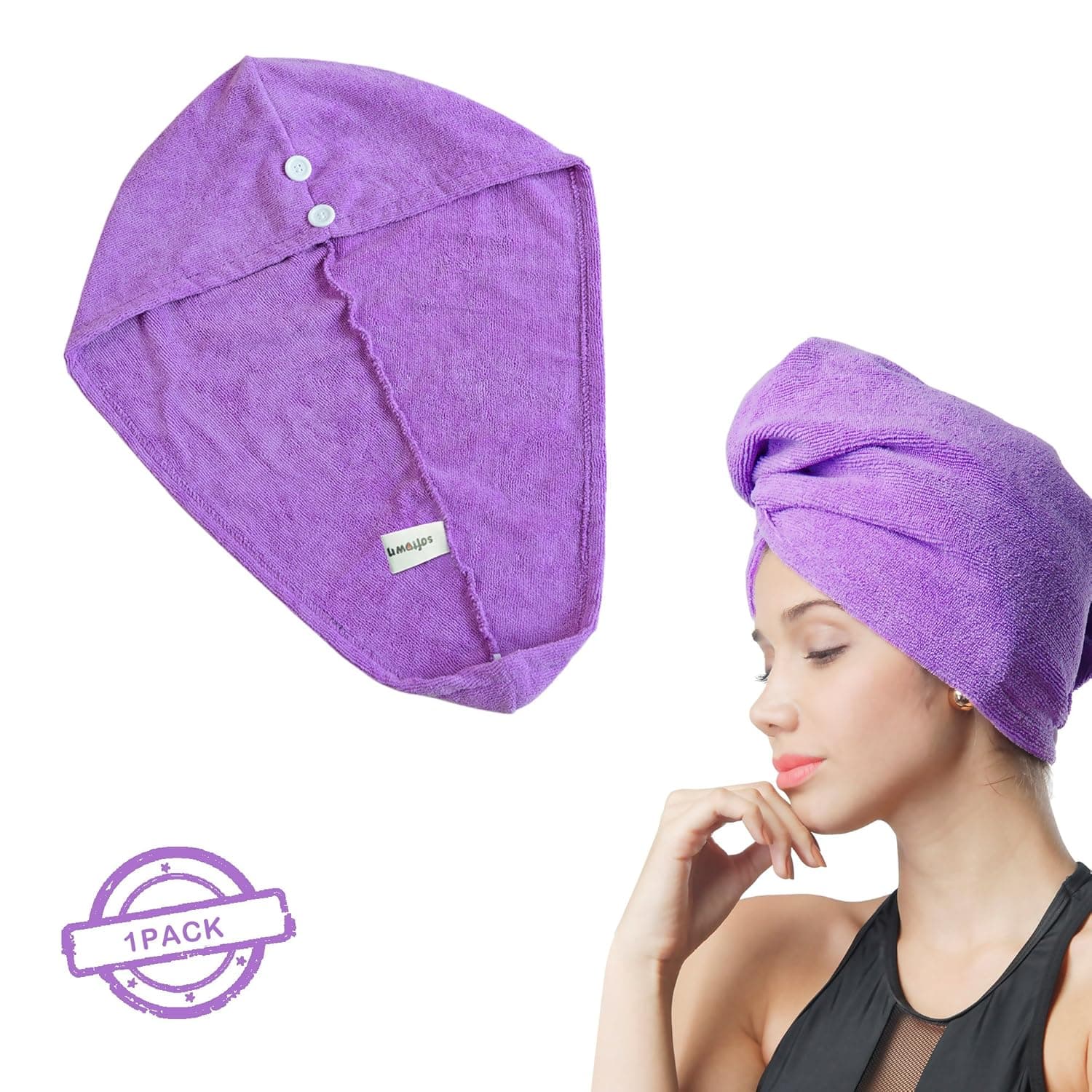 SOFTOWN Microfiber Hair Drying Turban Towel Ultra Absorbent with 2 Buttons for Long Hair, 1 Pack, Purple, 11 x 28 inch