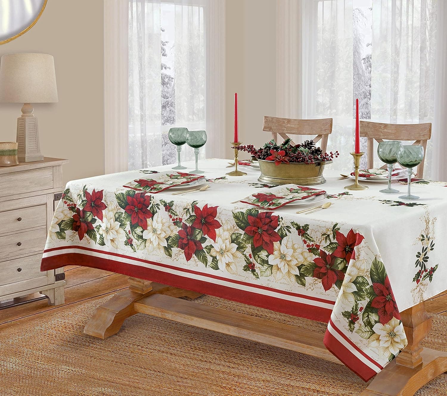 Newbridge Presley Red and White Poinsettia Double Bordered Christmas Fabric Tablecloth, Christmas Cottage Floral Bordered Print Easy Care, Stain Release Tablecloth, 60 Inch x 84 Inch Oblong/Rectangle