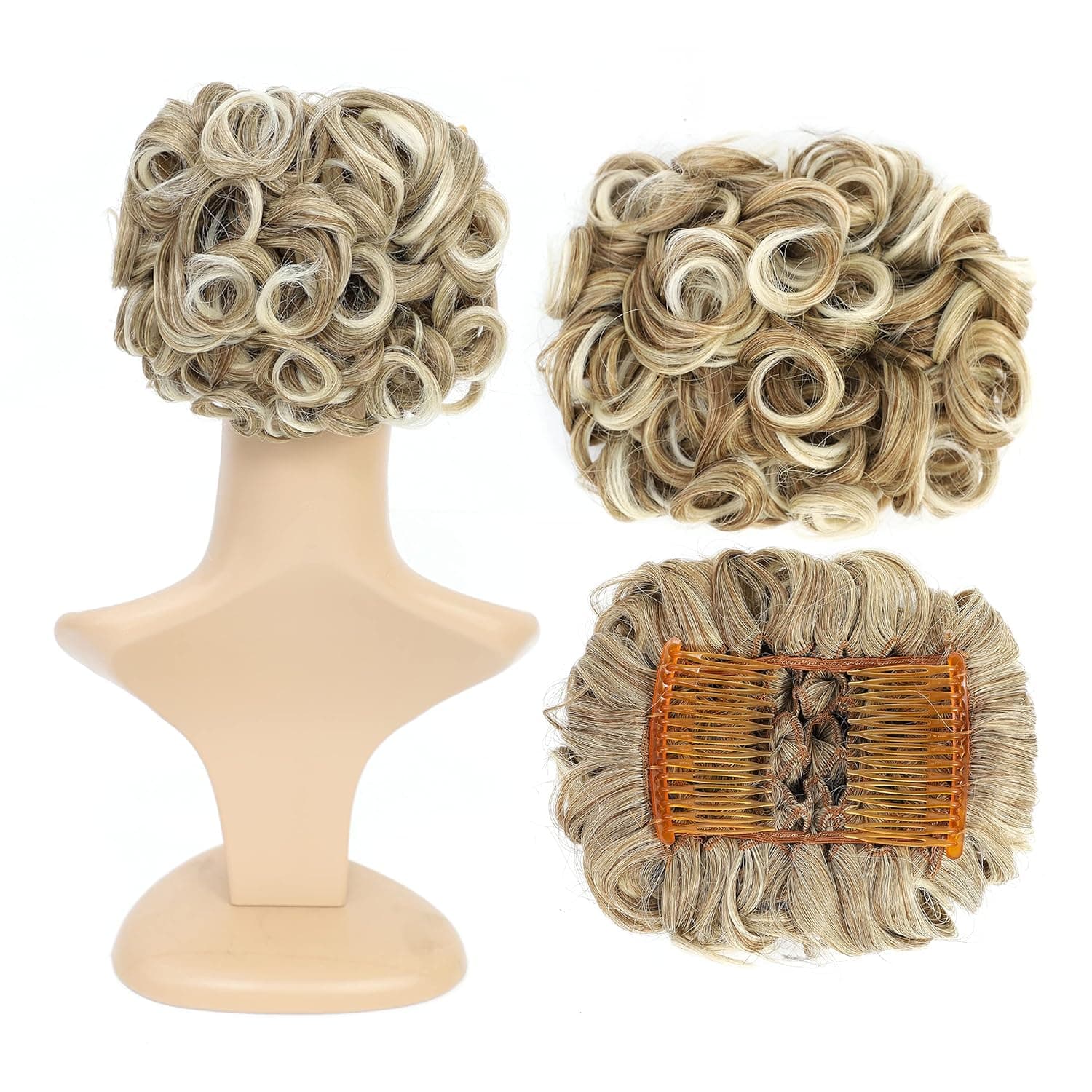 SWACC Short Messy Curly Dish Hair Bun Extension Easy Stretch hair Combs Clip in Ponytail Extension Scrunchie Chignon Tray Ponytail Hairpieces (Chestnut Brown Blonde Blend-6AT88)