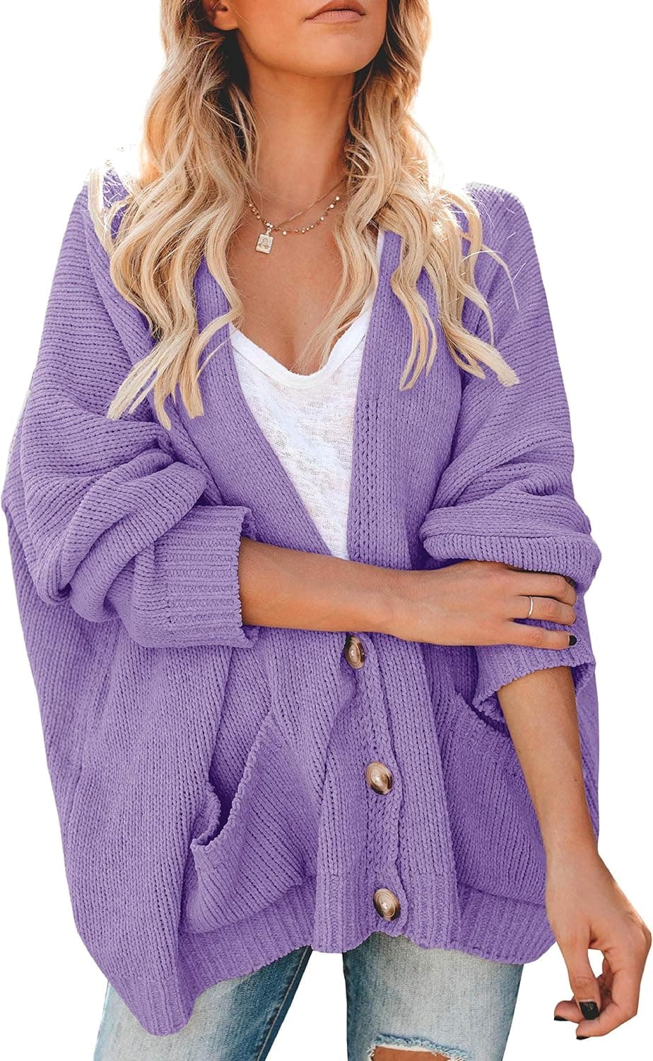 Gemijack Womens Plus Size Cardigan Sweaters Chunky Open Front Button Down Cable Knit Jumper Outwears with Pockets Purple