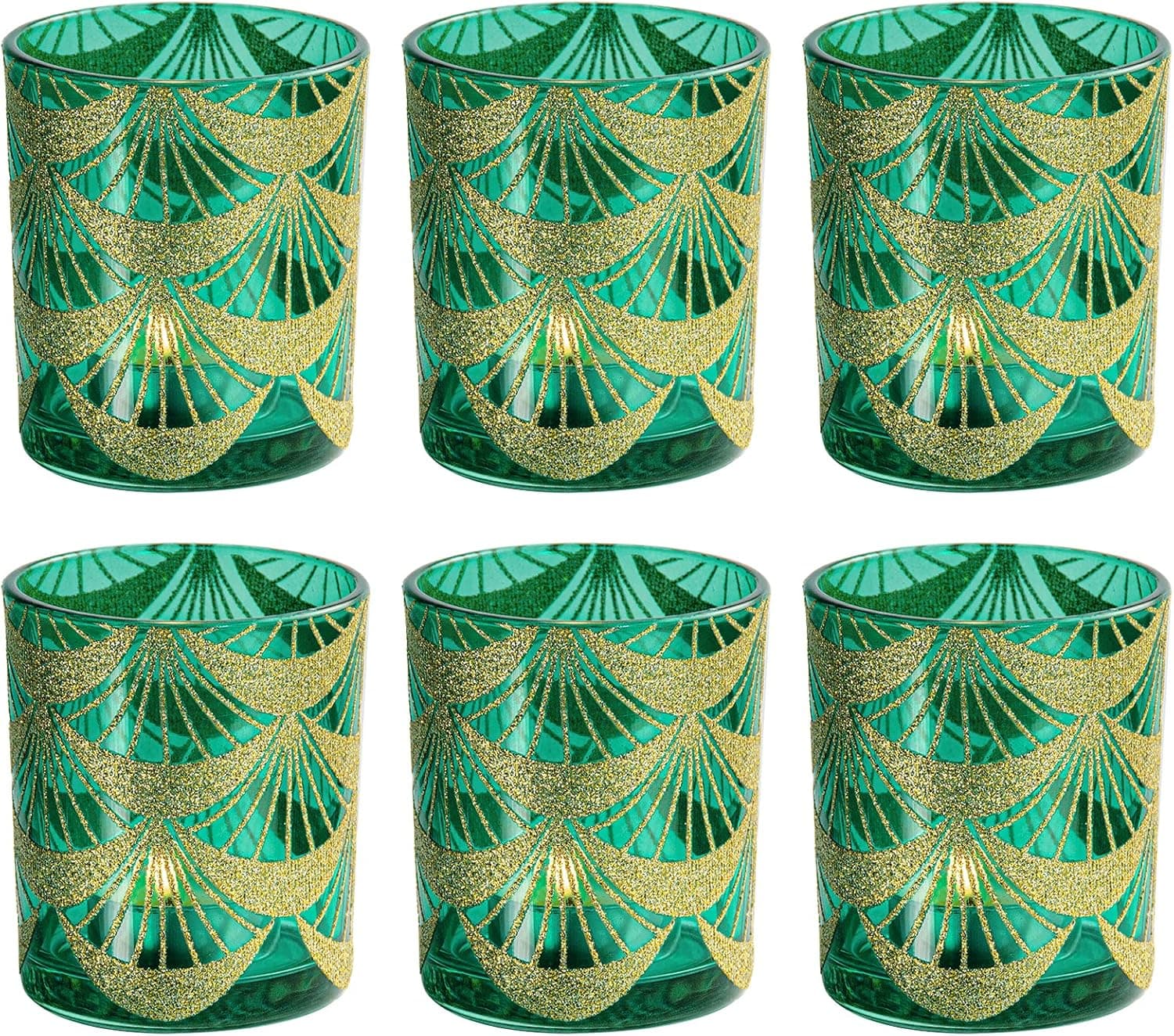Set of 6 Green Glitter Glass Votives, Tealight Candle Holders 3.15 inch/8cm High, Perfect for Wedding Holiday Party Tabletop Centerpiece, Home Decoration, Everyday Use (Green-6 Pack )