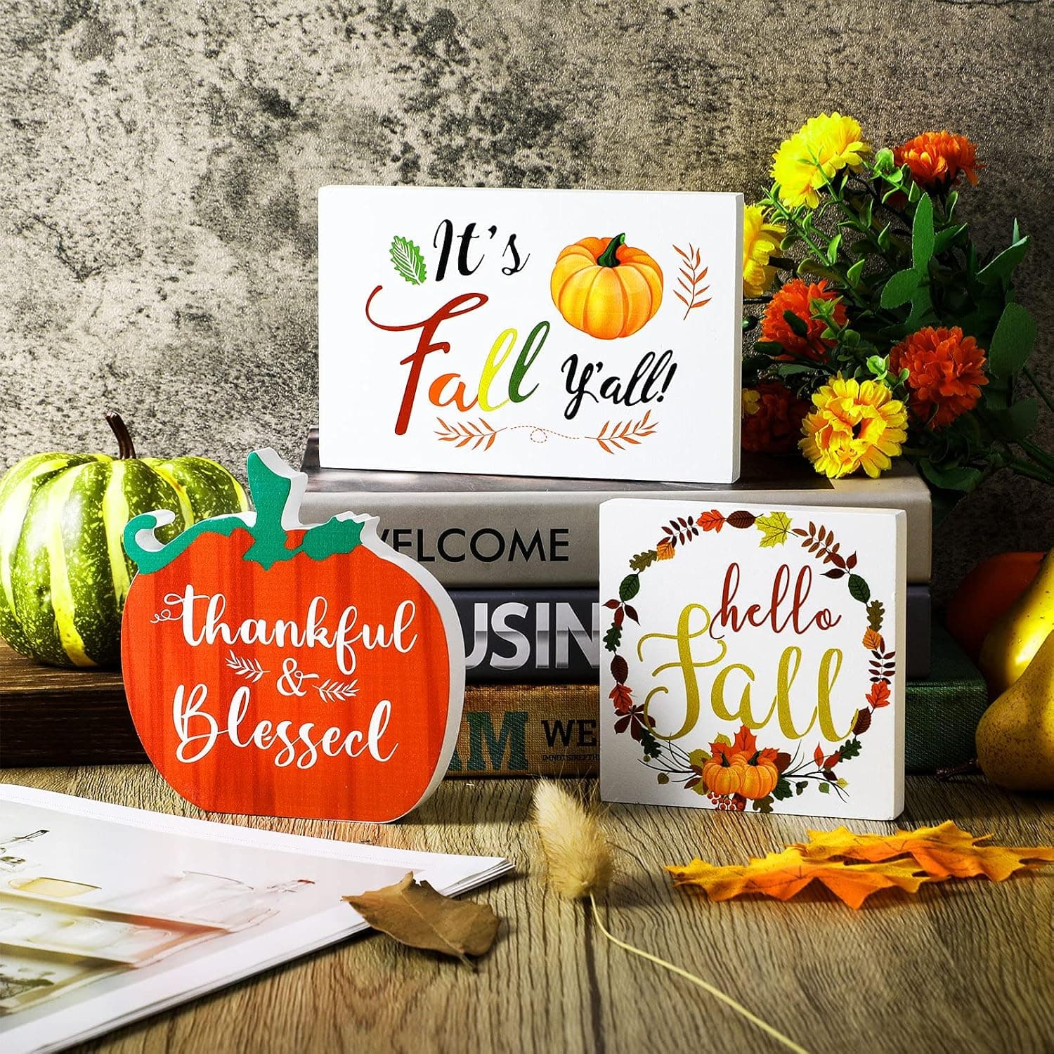 3 Pieces Fall Tiered Tray Decor Wooden Fall Signs Thanksgiving Decor Harvest Decor Pumpkin Table Centerpiece Fall Decorations for Home